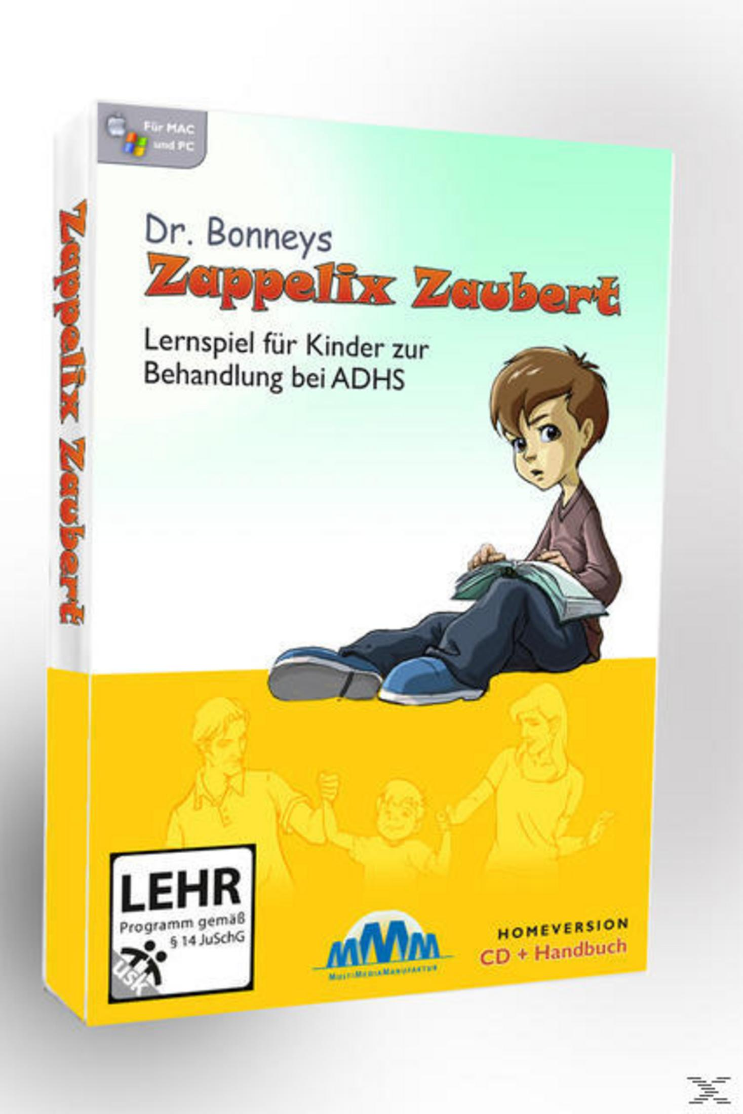 Ein Junge liest ein Buch. "Dr. Bonneys Zappelix Zaubert" Lernspiel für Kinder.