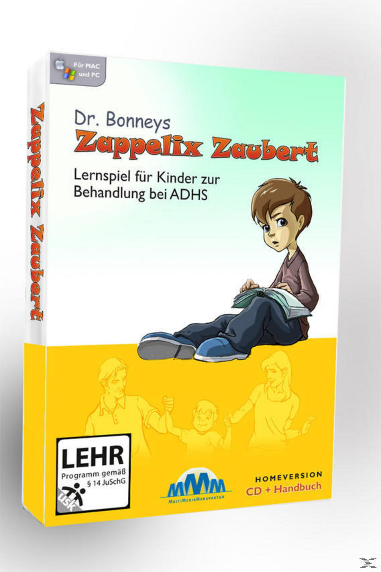 Ein Junge sitzt lesend auf dem Boden. Titel: Dr. Bonneys Zappelix Zaubert.