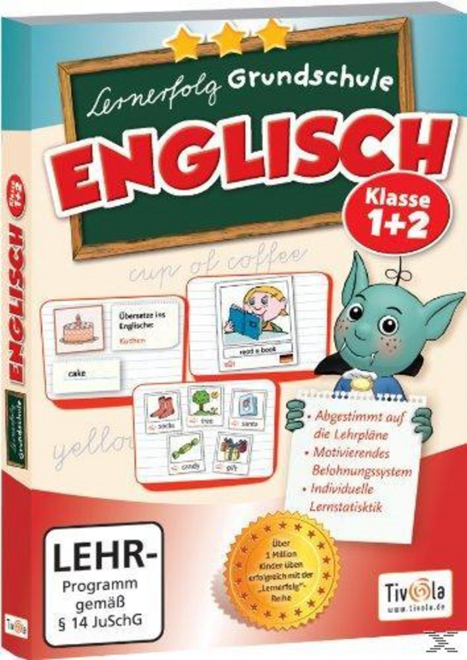 Das Cover eines Englisch-Lernspiels für Grundschüler mit einer Tafel, einem Monster und Lektionen.