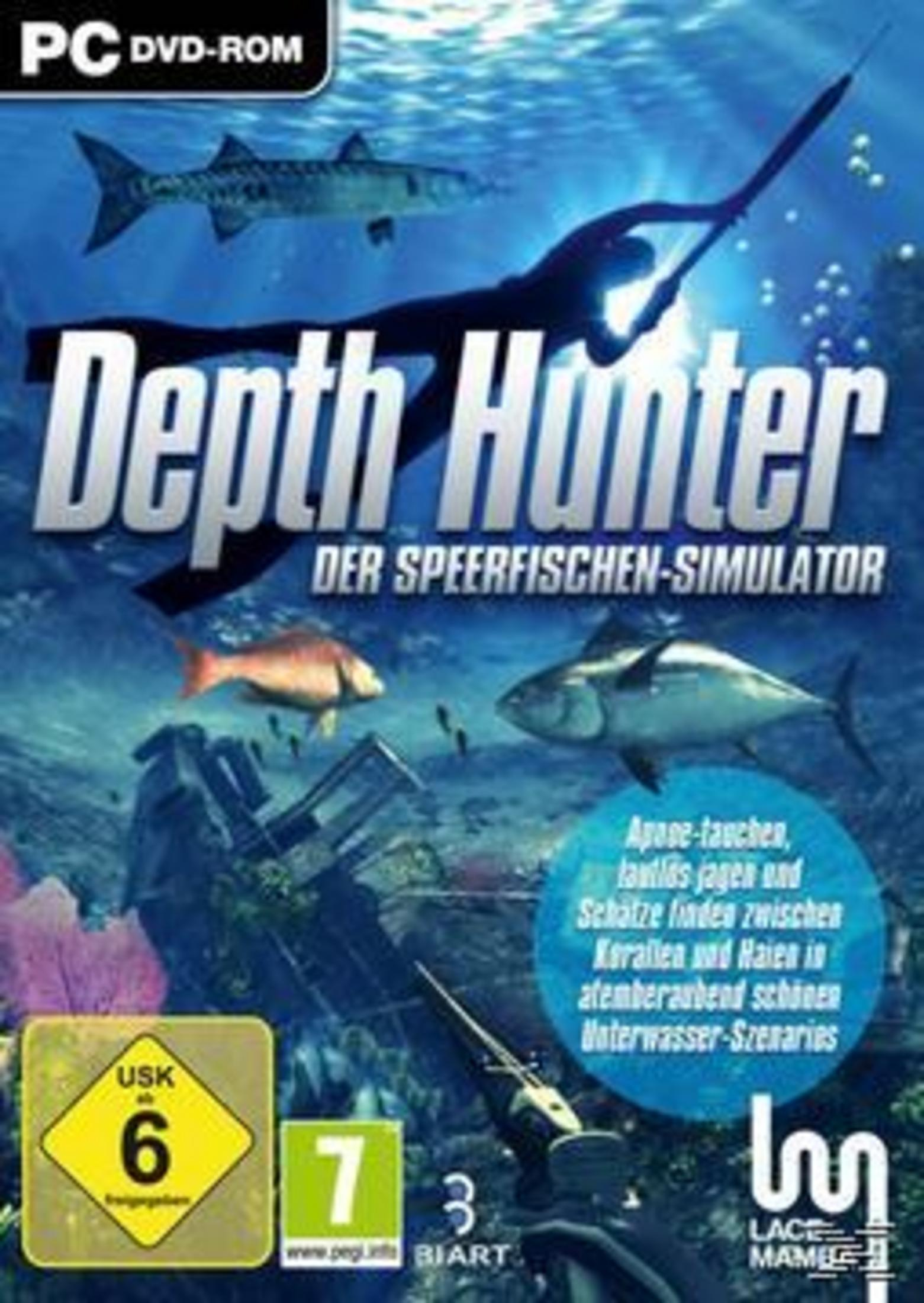 Ein Speerfischer jagt mit einem Harpunengewehr unter Wasser Fische.