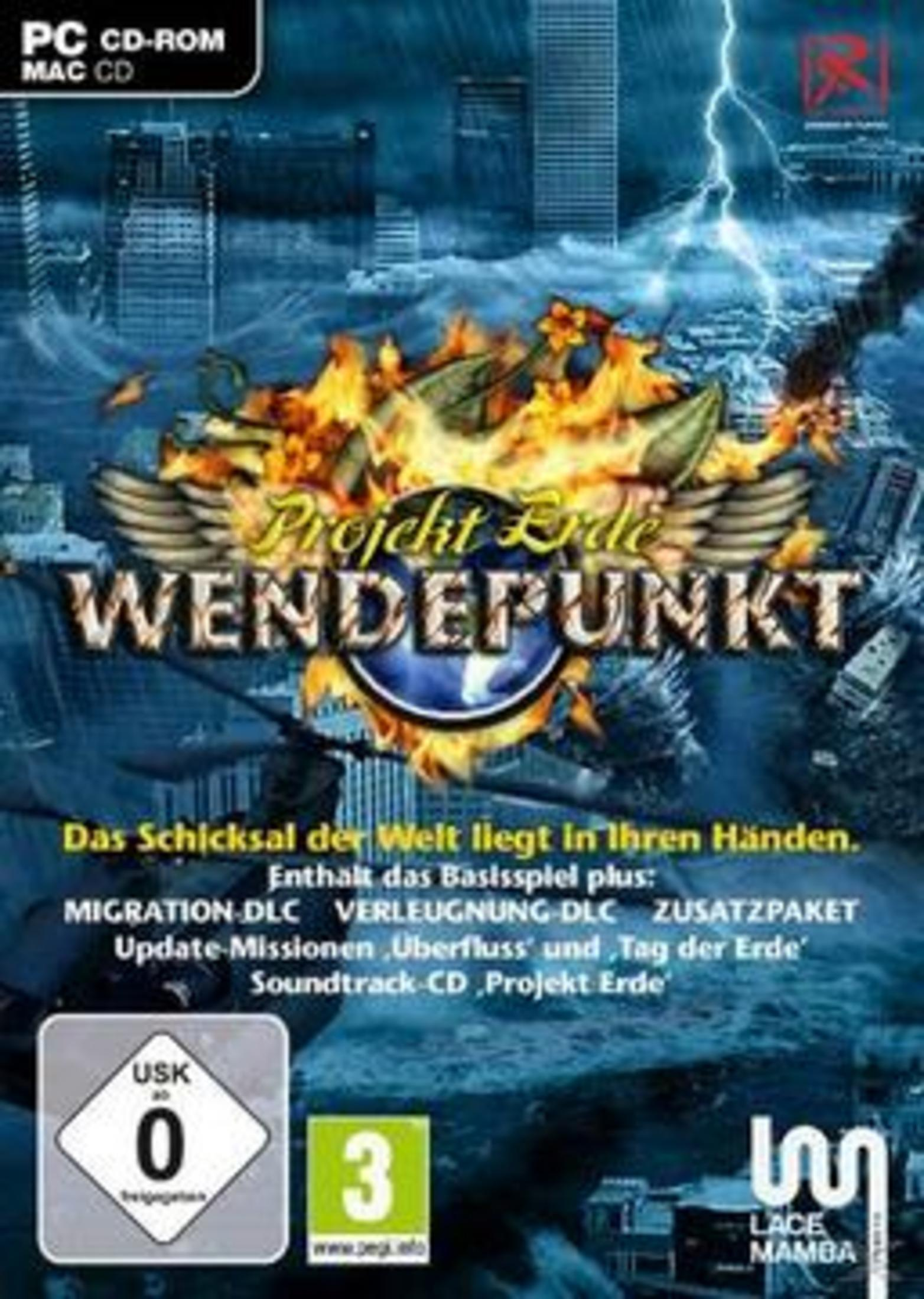 PC-Spiel-Cover mit Stadt, Feuer, Sturm und dem Titel 'Projekt Erde Wendepunkt'.