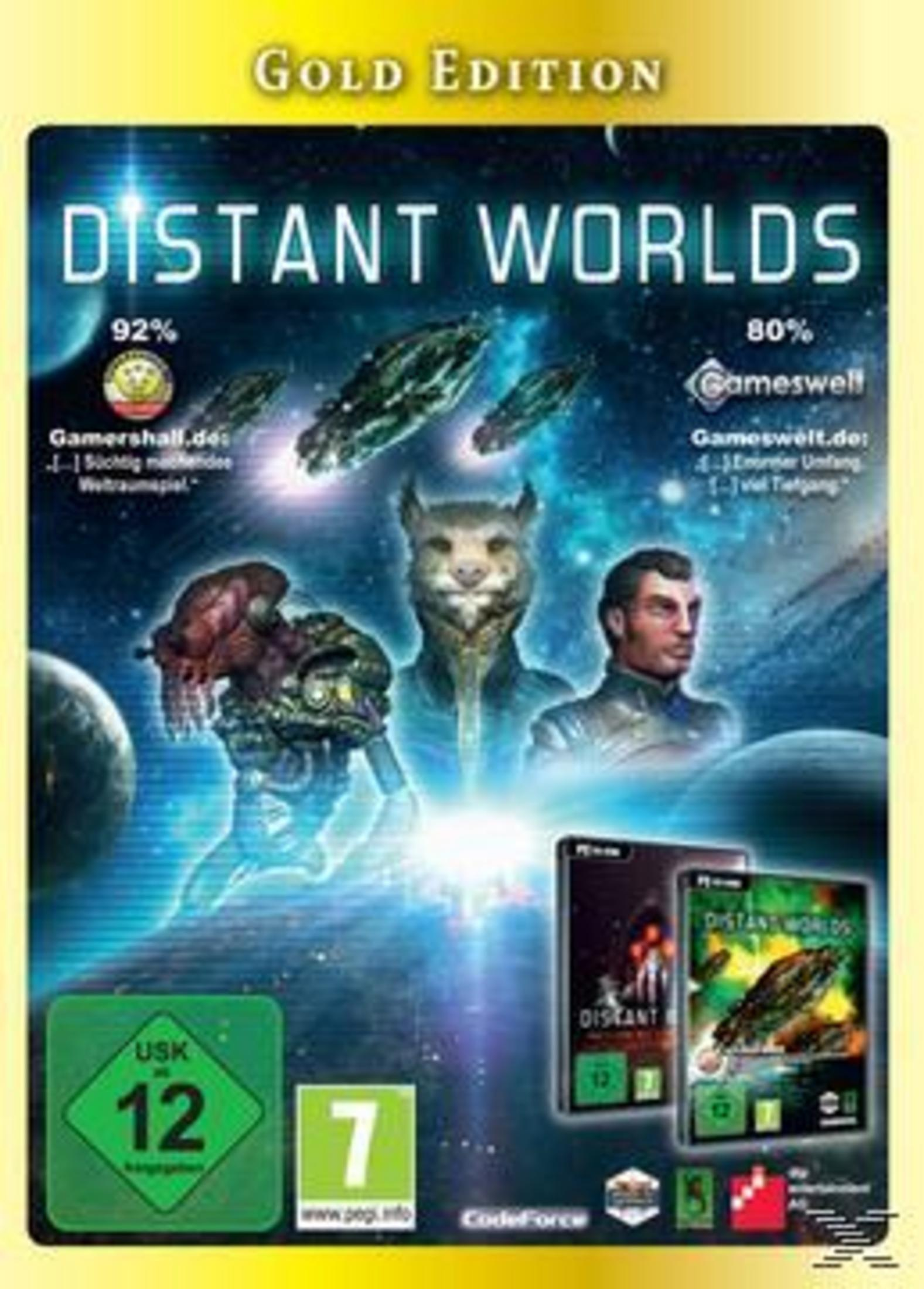 Gold Edition Cover mit drei außerirdischen Charakteren, Raumschiffen und PEGI- und USK-Logos.