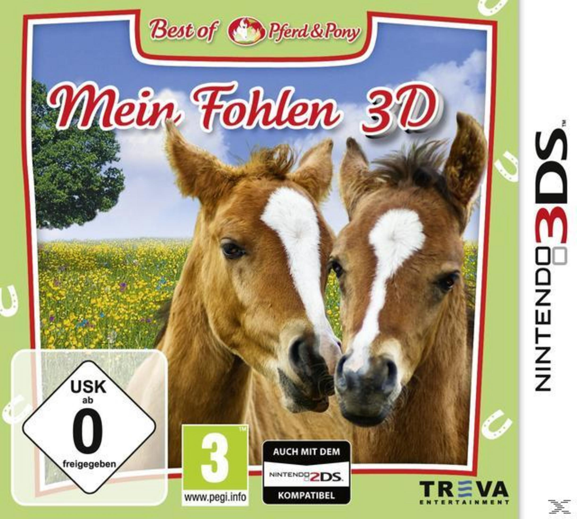 Zwei Fohlen stehen vor einer blühenden Wiese. Spielcover für Nintendo 3DS.
