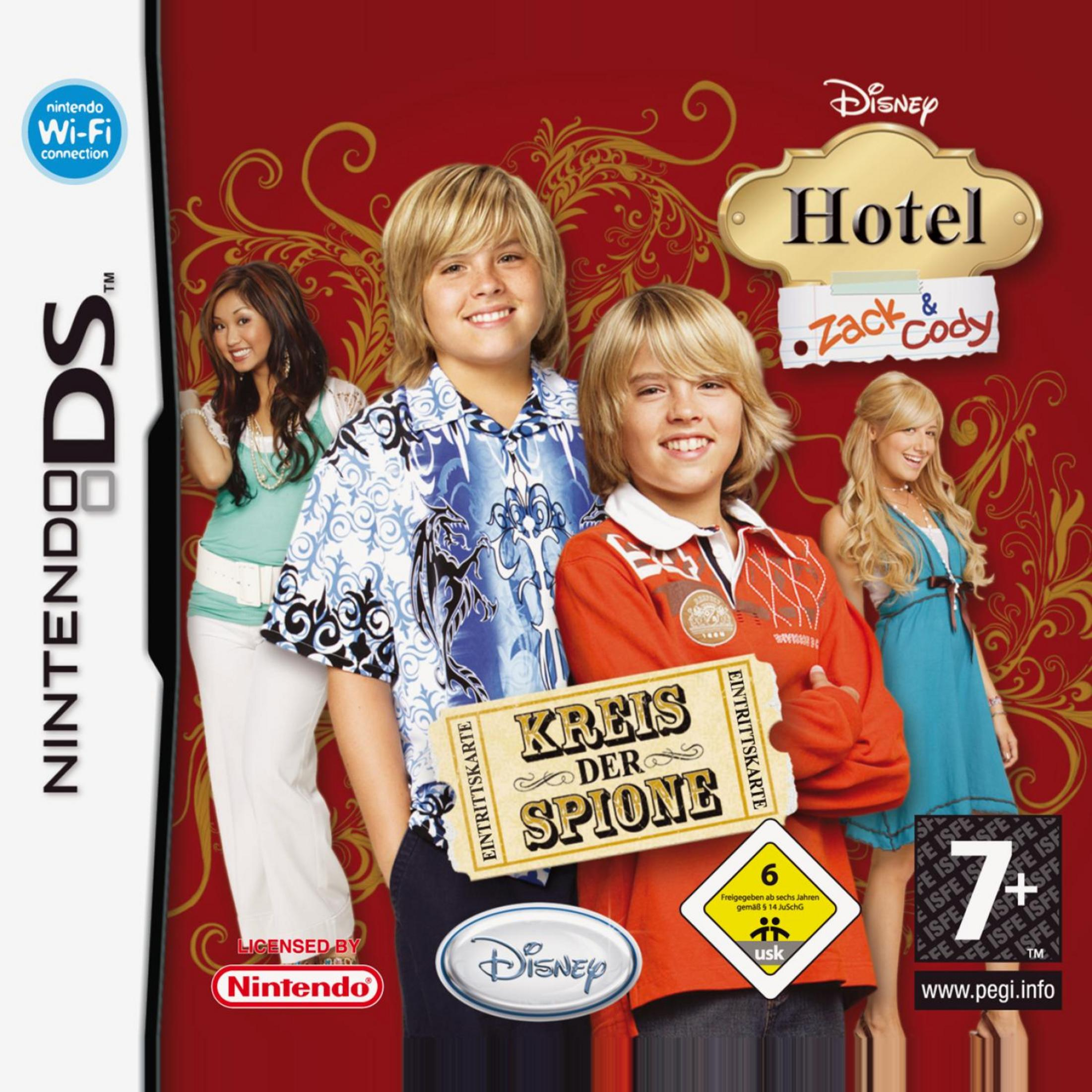 Die Hotel Suite "Zack & Cody" DS-Spielhülle zeigt die vier Hauptdarsteller auf rotem Hintergrund.