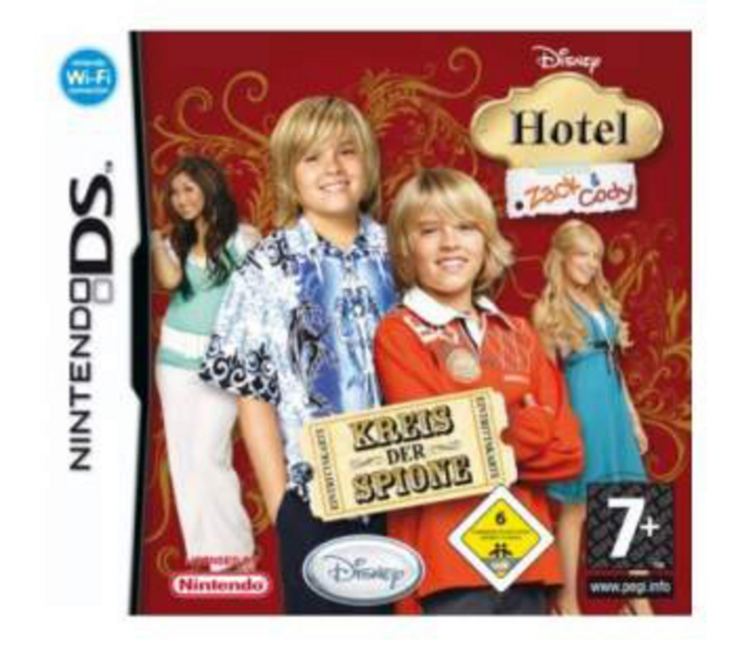 Nintendo DS Spiel "Hotel Zack & Cody". Vier Charaktere auf rotem Hintergrund.