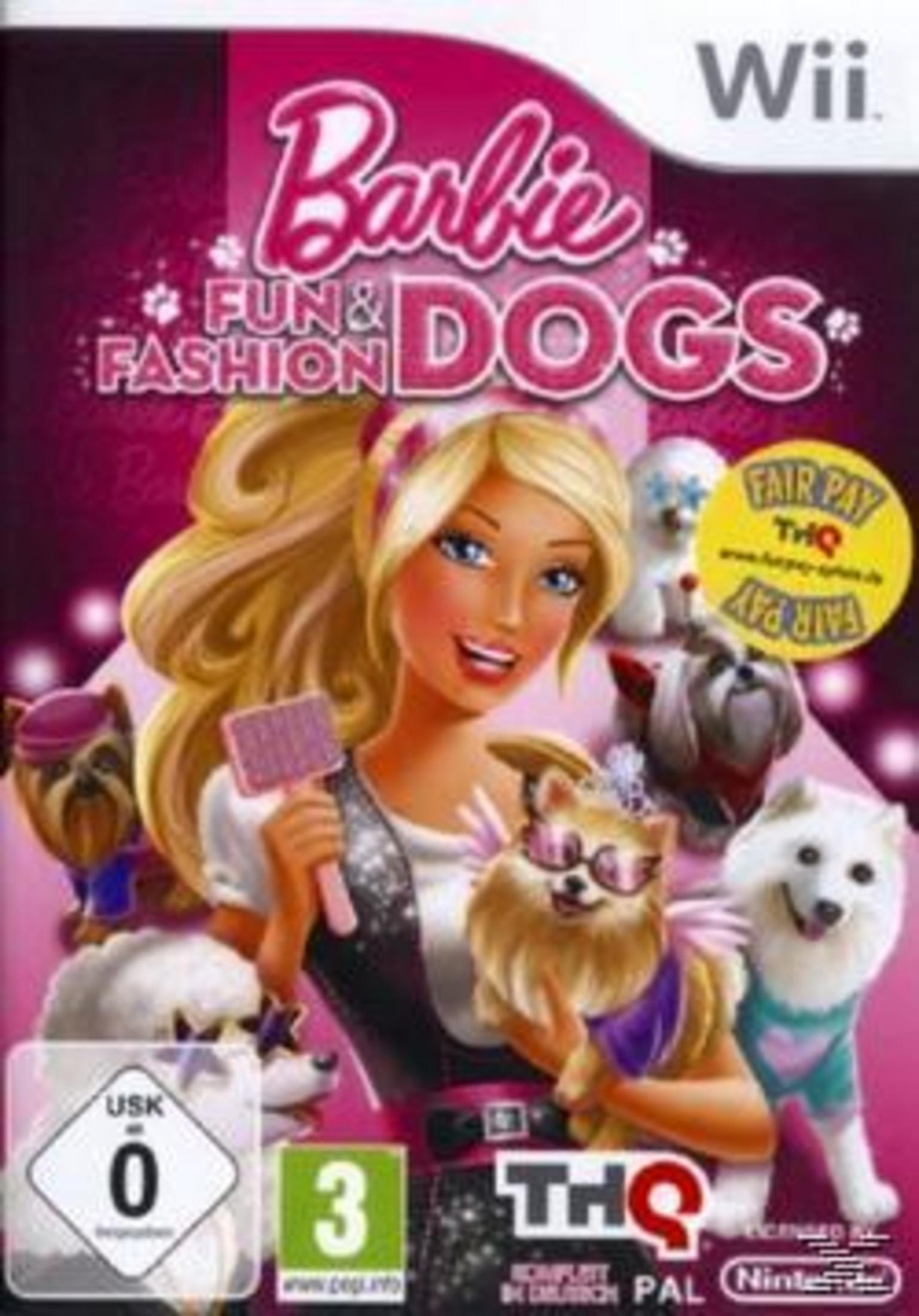 Barbie Fun & Fashion Dogs Wii-Spielcover. Barbie hält eine Bürste, umgeben von Hunden.