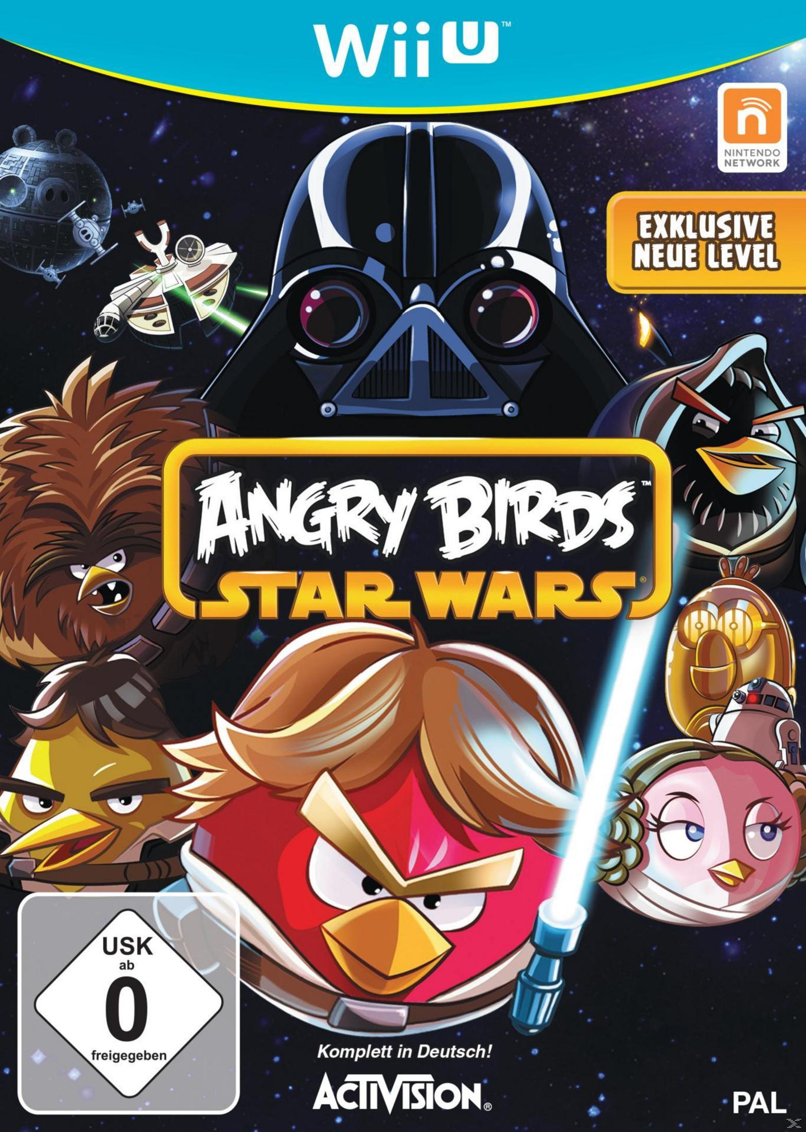 Angry Birds Star Wars Wii U Cover mit Darth Vader, Luke Skywalker und Prinzessin Leia.