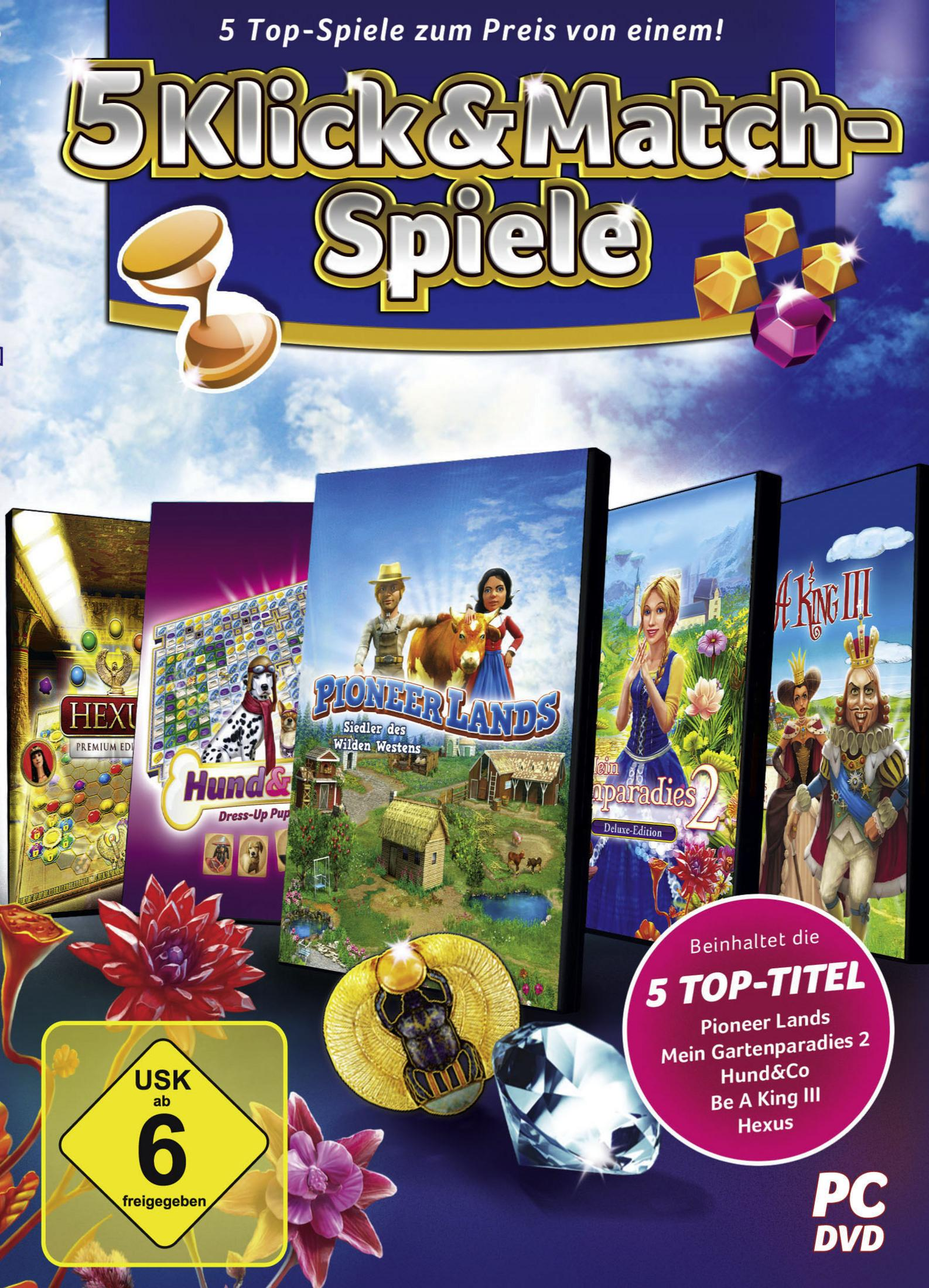 Ein PC-DVD-Spielpaket mit 5 Titeln, darunter 'Pioneer Lands'.