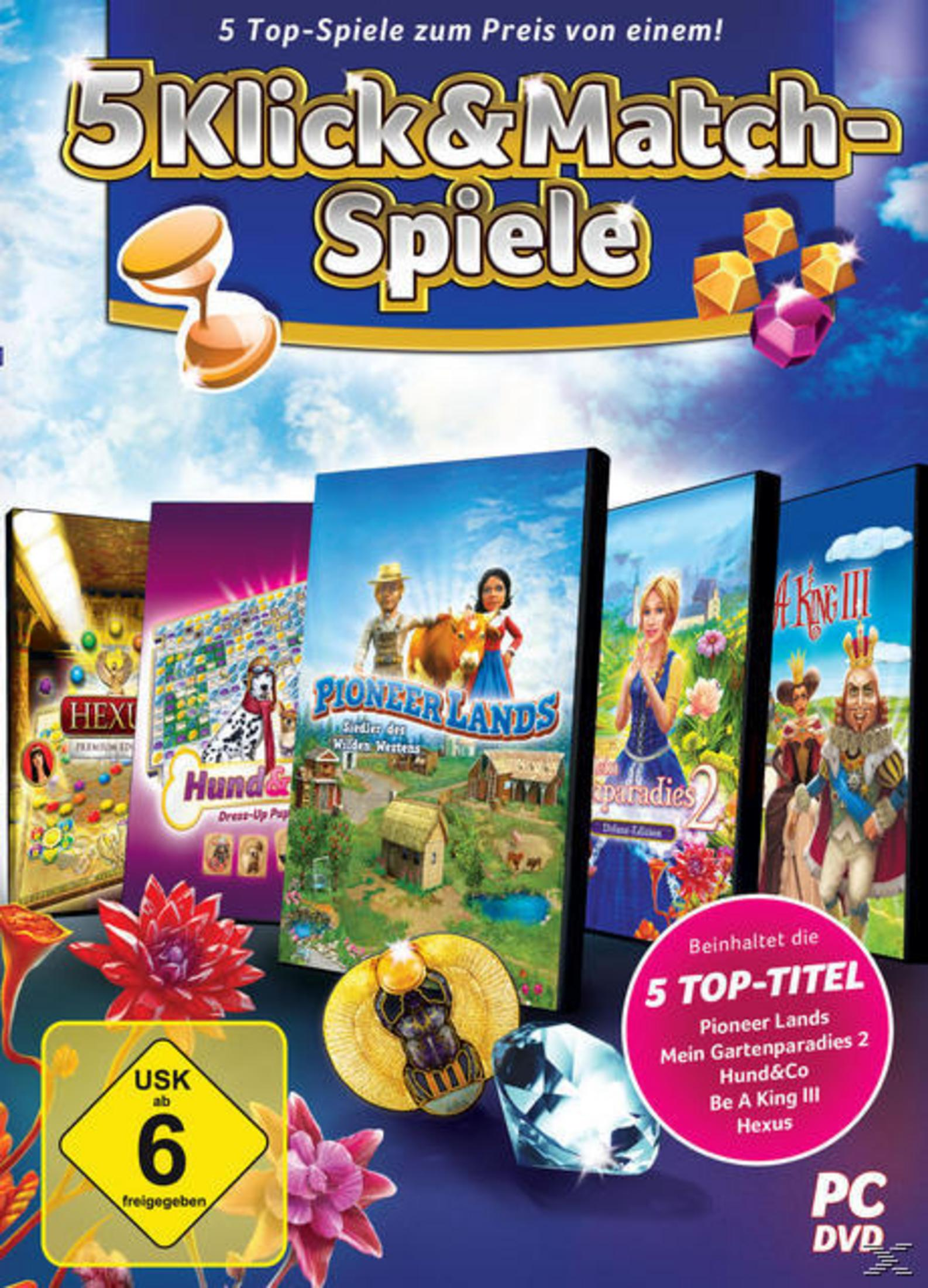 Cover von 5 Klick&Match Spielen mit Titeln wie Pioneer Lands und Hund&Co.