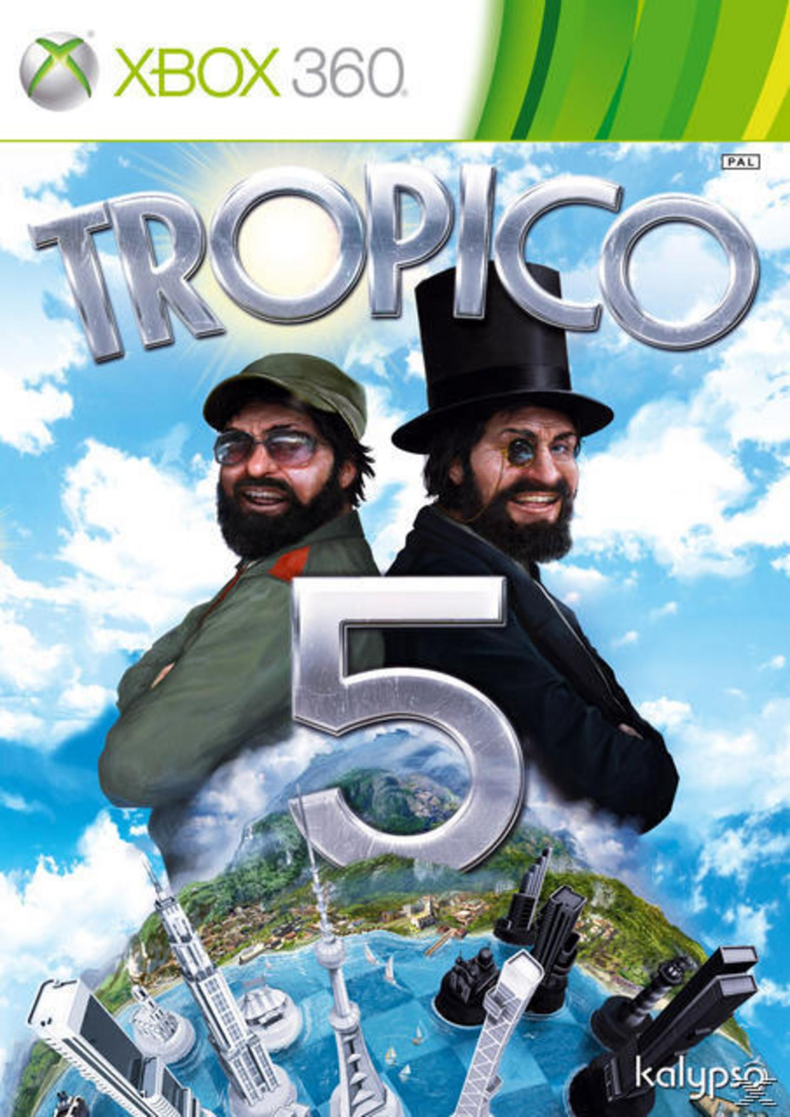 Xbox 360 Spielcover: Zwei Männer vor einer tropischen Insel, "Tropico 5".