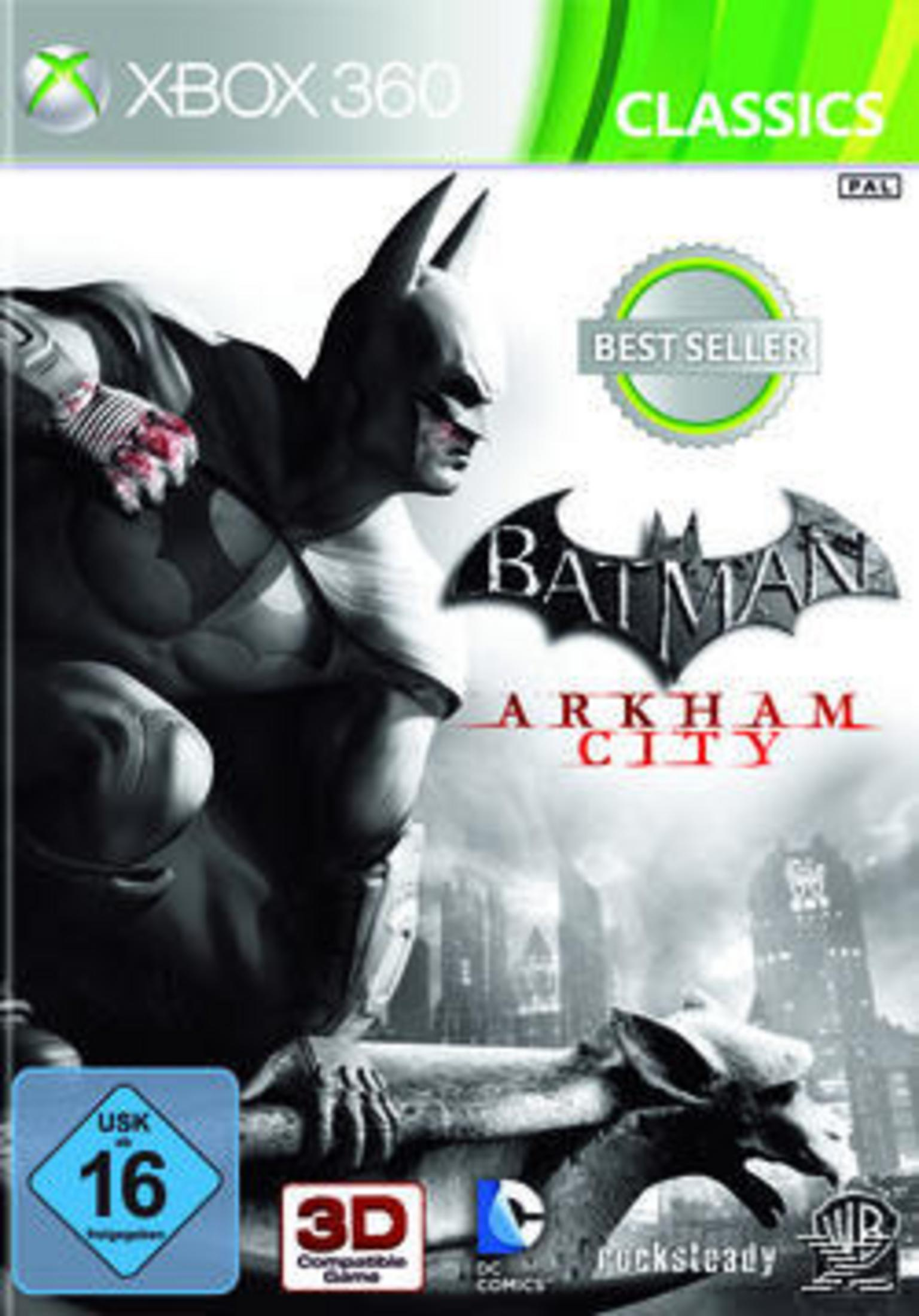 Batman auf einem Gargoyle vor der Skyline von Arkham City, Xbox 360 Classics Cover.