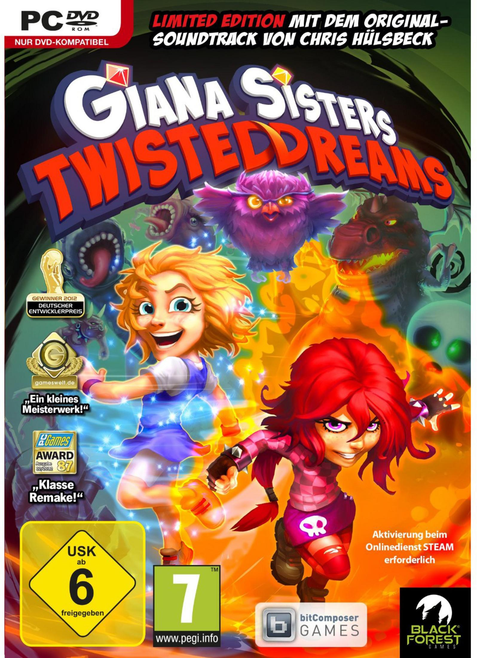 Cover von Giana Sisters: Twisted Dreams mit zwei Charakteren und Monstern.