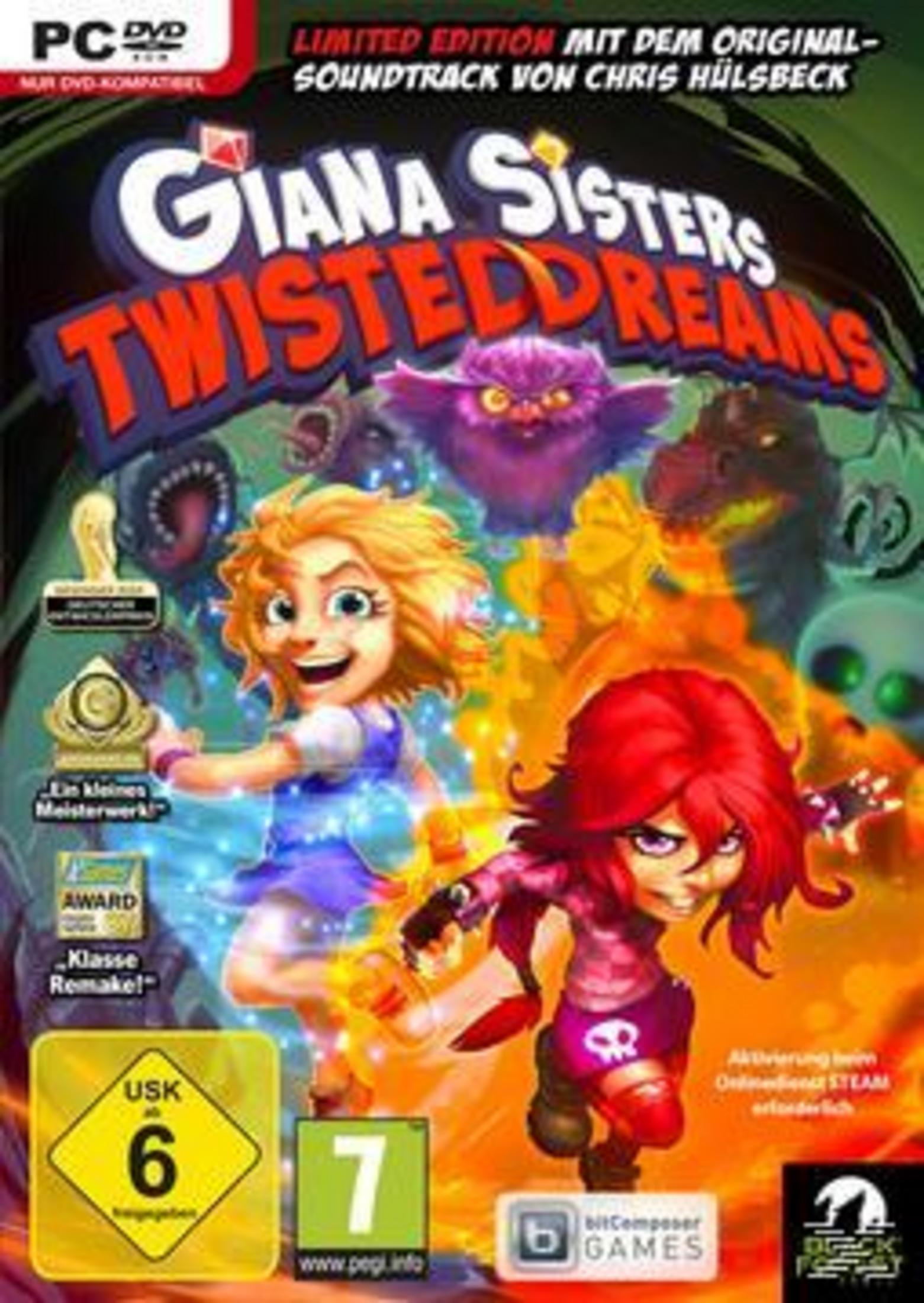 Cover von Giana Sisters: Twisted Dreams mit zwei Mädchen, Monstern und dem Spieltitel.