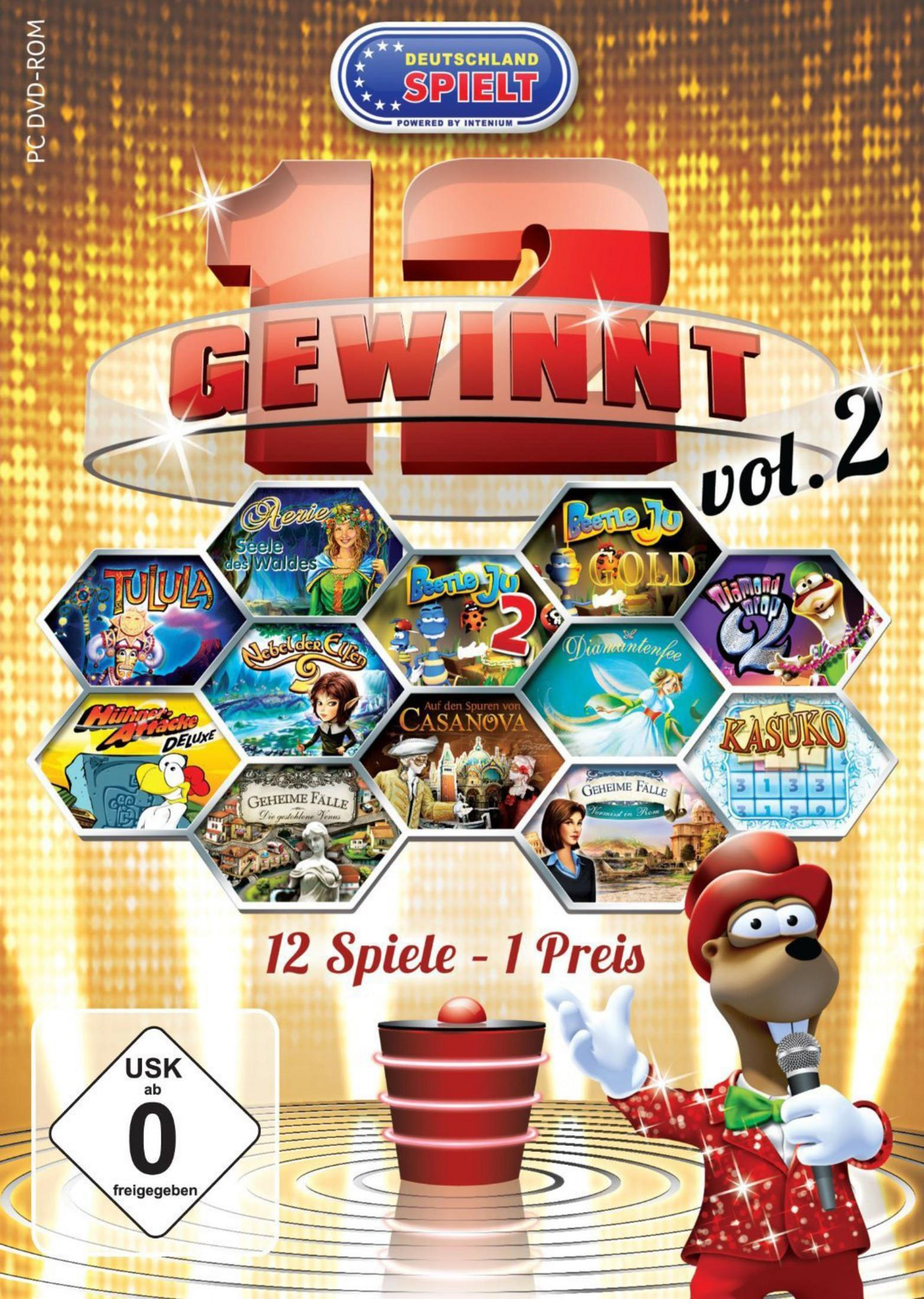 Cover von '12 Spiele - 1 Preis' mit Spielen und einem Cartoon-Moderator.