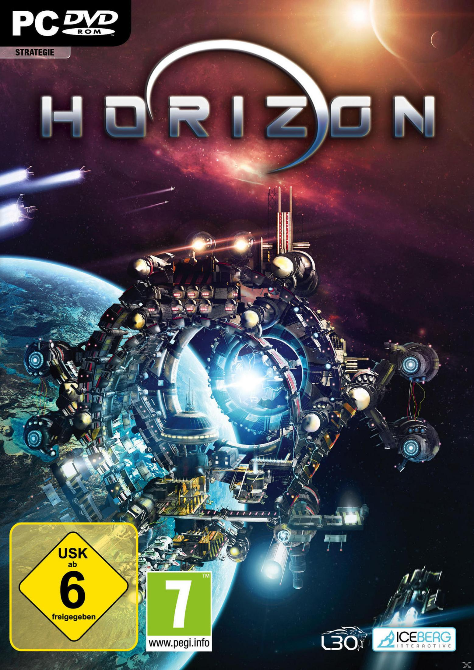 Weltraumspiel-Cover: Großes Raumschiff, Planeten und Nebel. Text: HORIZON.