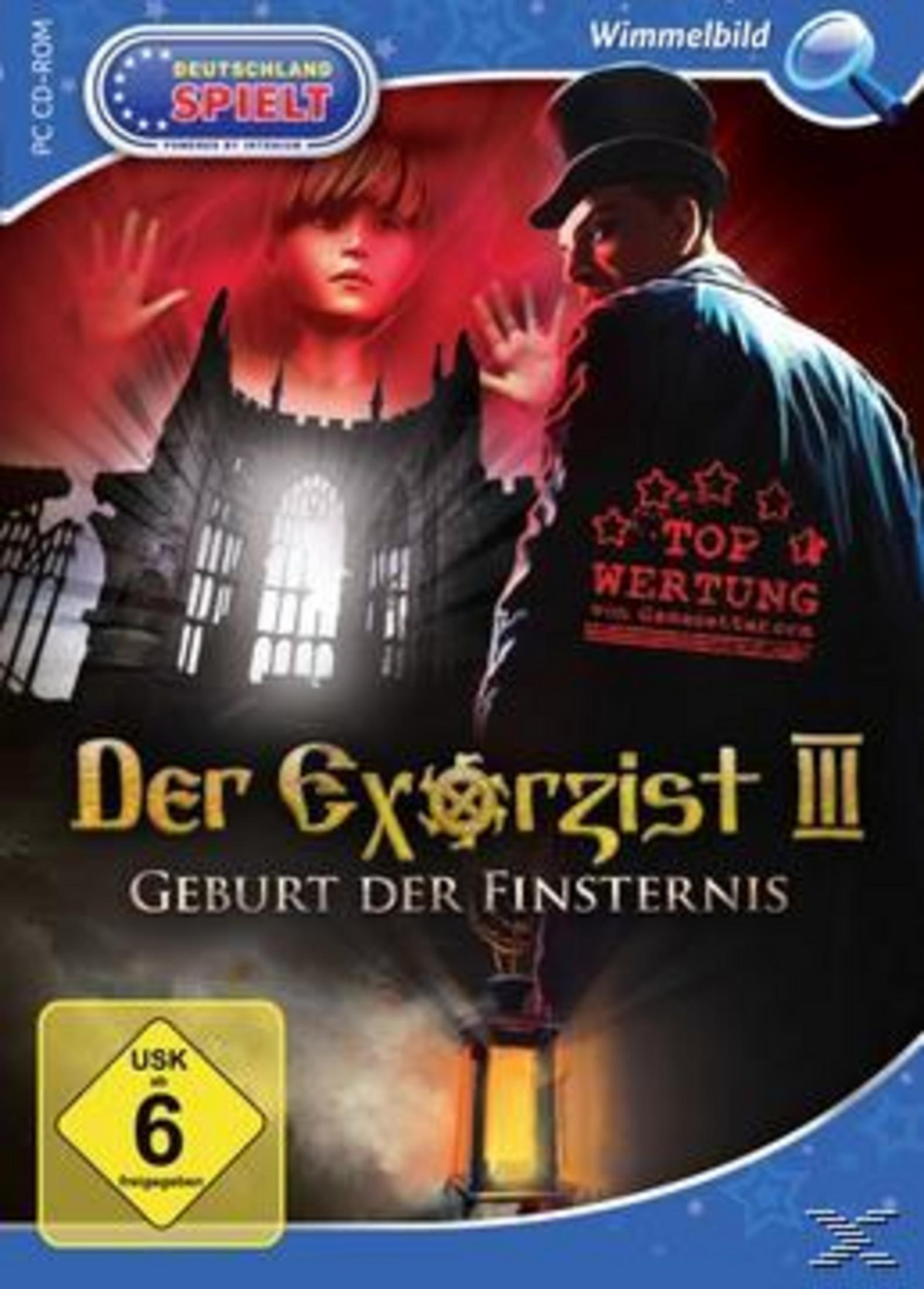 Ein Junge mit erhobener Hand und ein Mann im Zylinder vor einem Schloss.