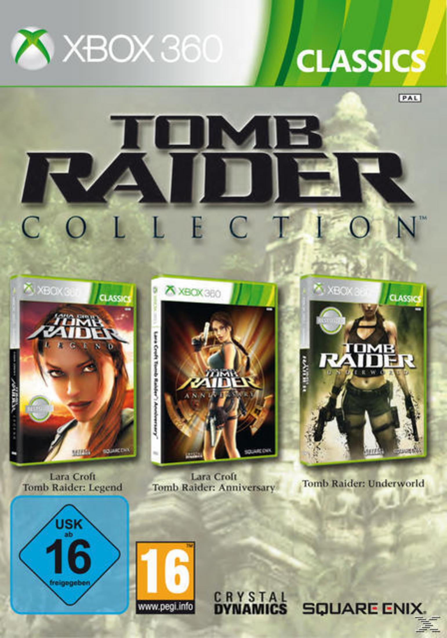 Cover der Tomb Raider Collection für Xbox 360 mit drei Spielen: Legend, Anniversary, Underworld.