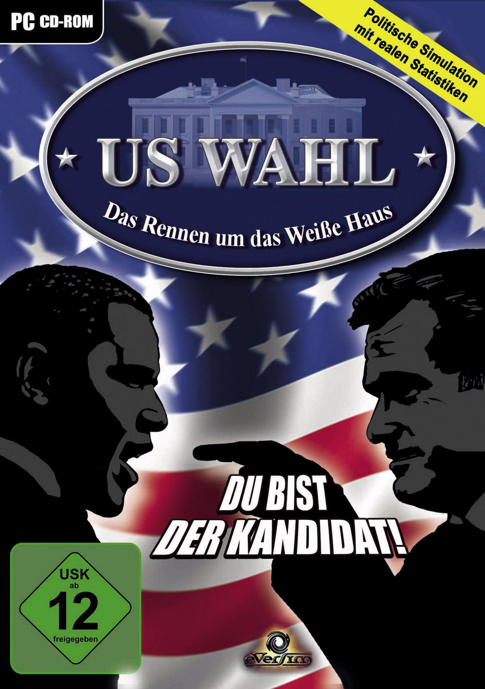 Cover: US-Wahl-Spiel mit Silhouetten von Politikern und dem Weißen Haus.