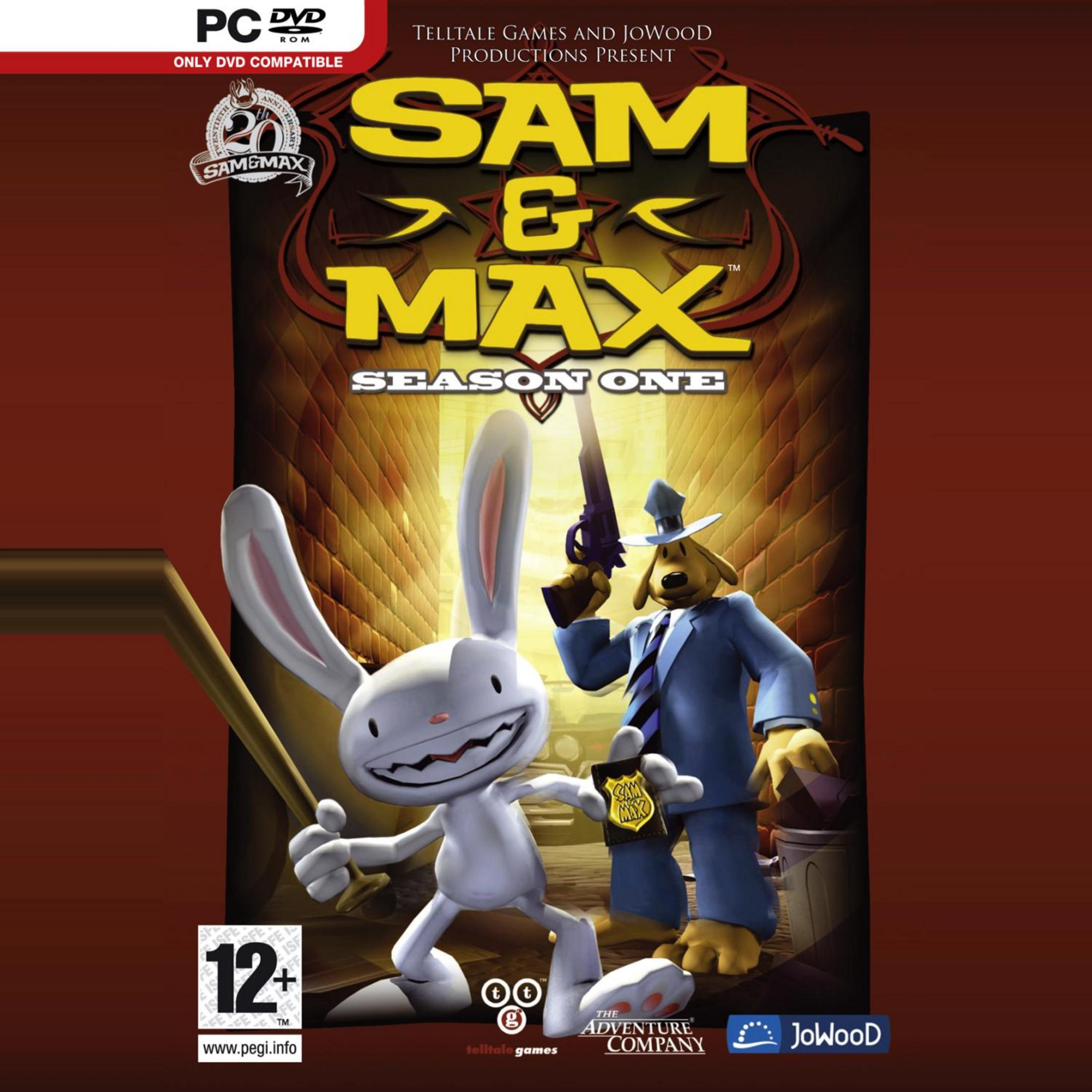 Sam und Max, ein Hase und ein Hund, auf einem Spielcover. Der Hase hält einen Baseballschläger, der Hund eine Pistole.