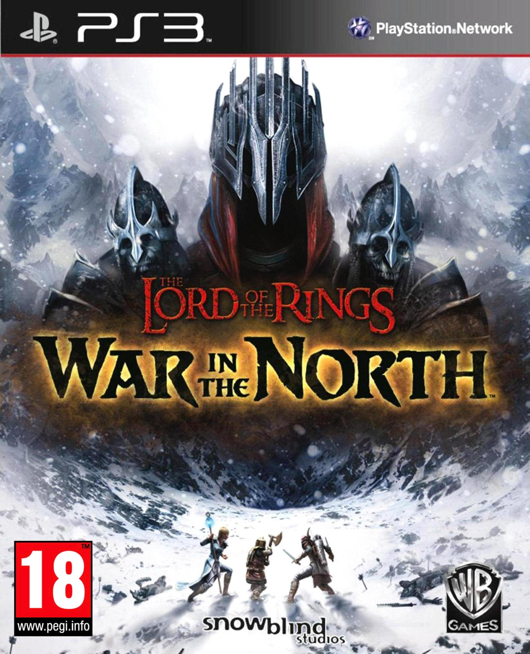 The Lord of the Rings: War in the North PS3-Spielhülle. Zeigt Charaktere in einer verschneiten Landschaft.