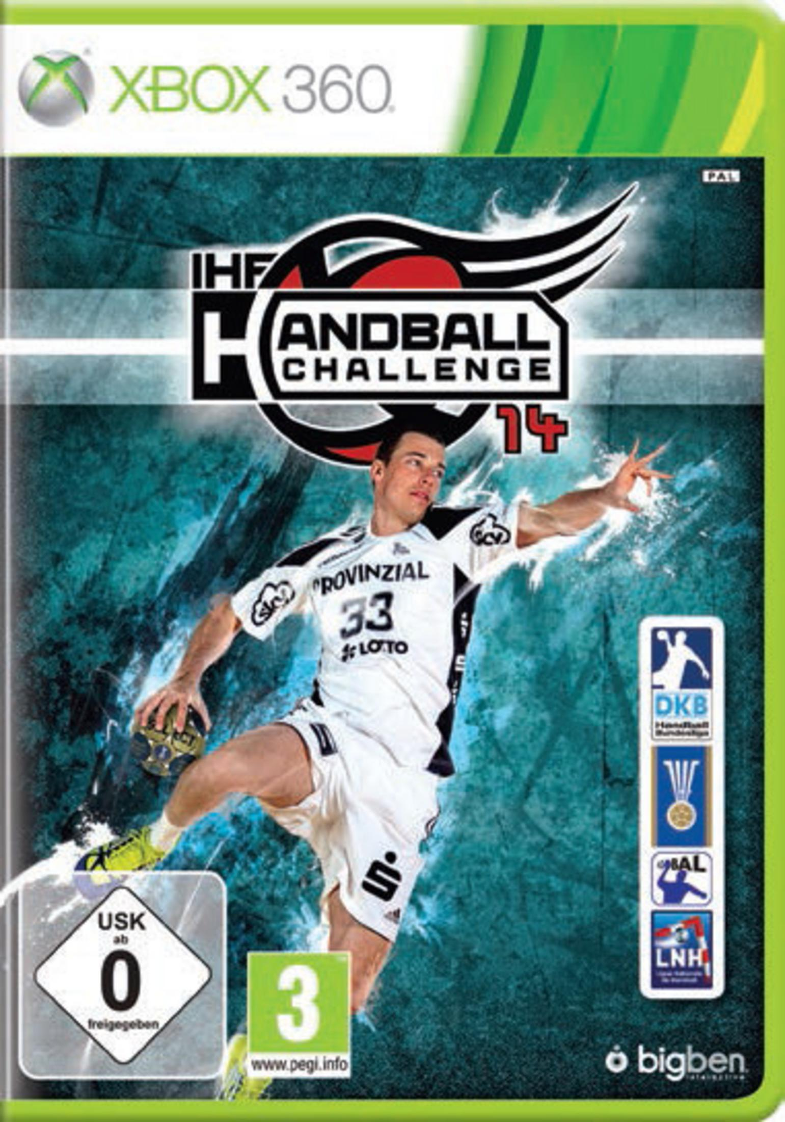 Xbox 360 Handball Challenge 14 Spielcover mit Spieler und Logos.