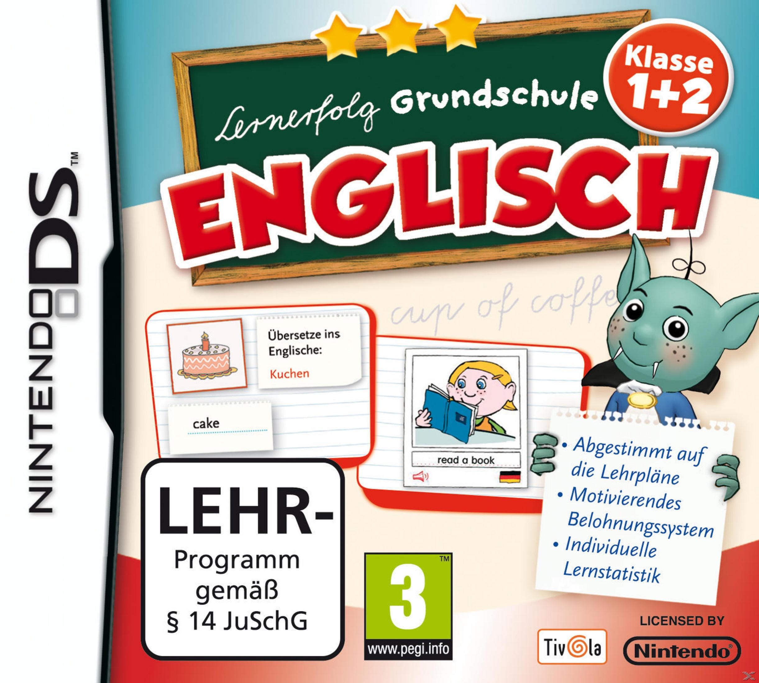 Nintendo DS Spielcover mit "Englisch" Schriftzug, einem Vampir, Kuchen und einem Kind, das liest.