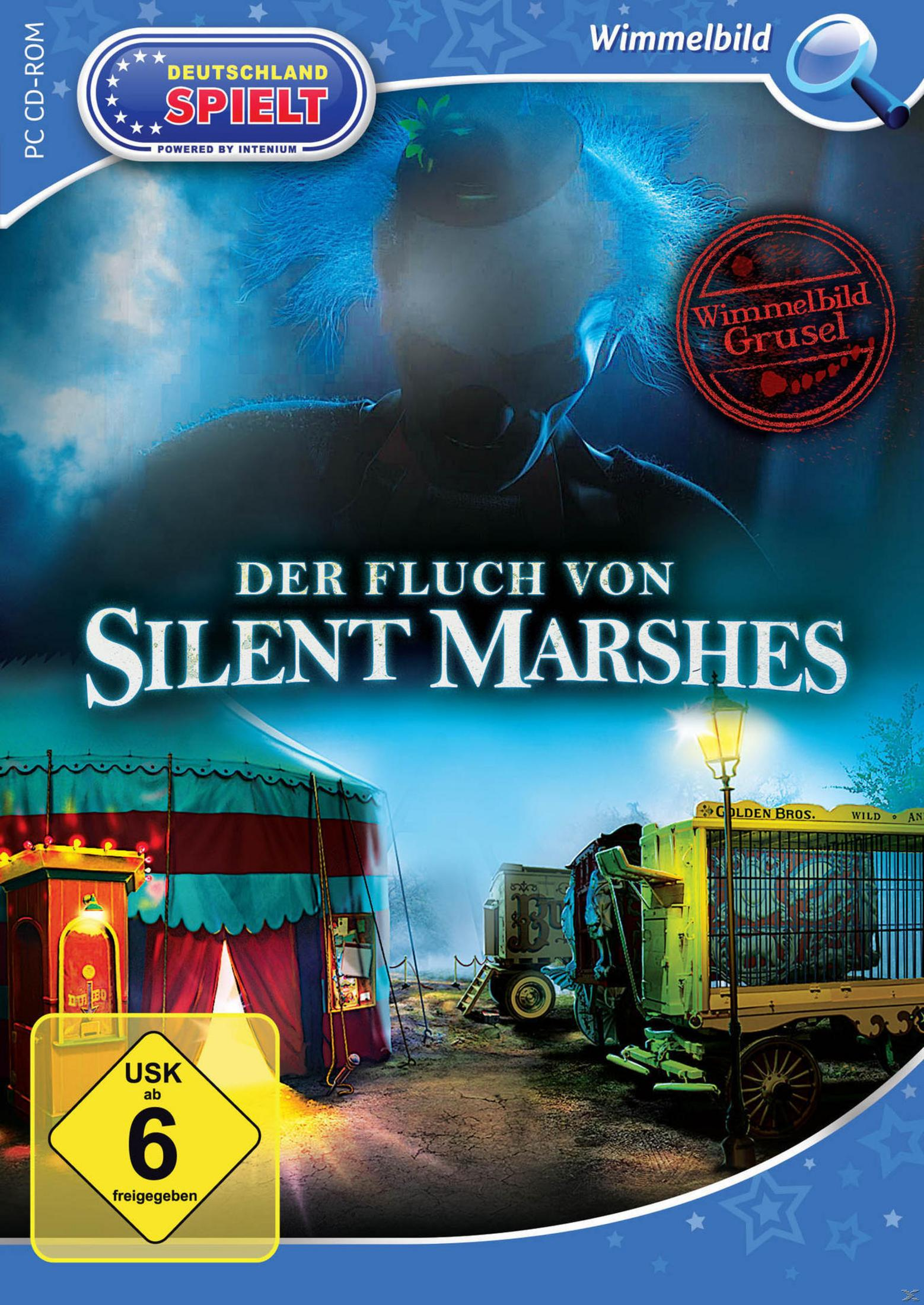 Ein Zirkuszelt und Wagen im Nebel. Ein Gesicht mit blauen Haaren.