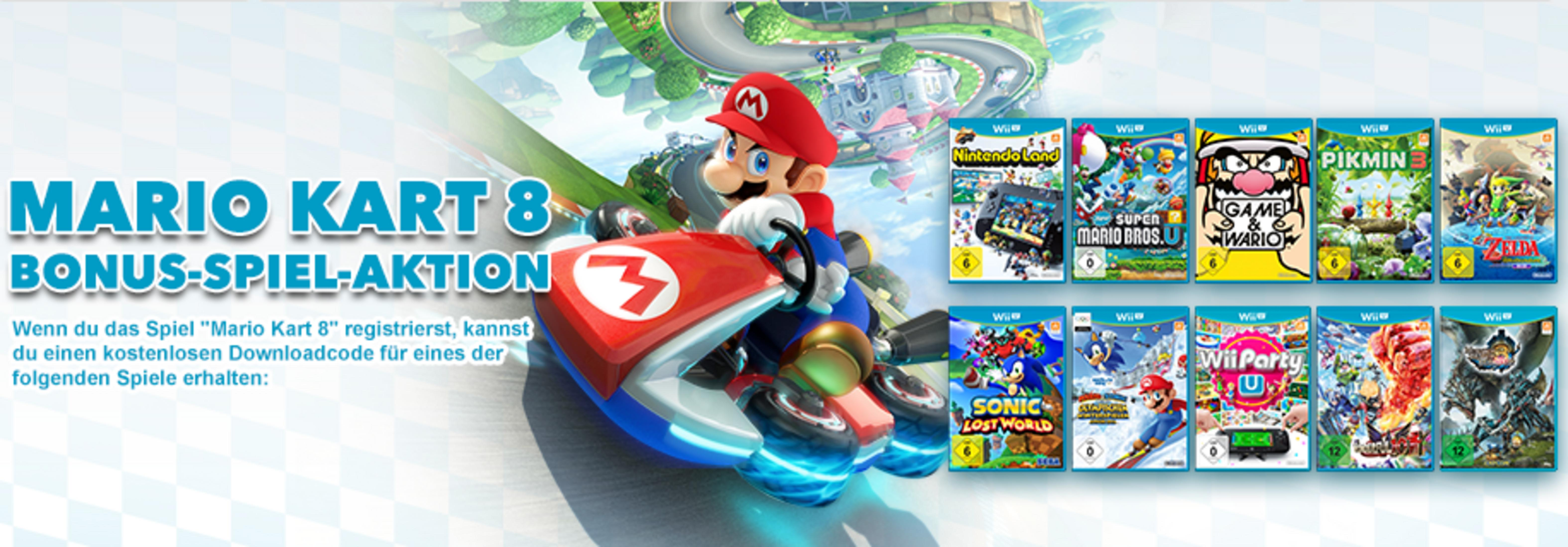 Mario Kart 8 Aktion mit Spielcovern von Nintendo Land, Super Mario, Pikmin, Zelda, Sonic und Wii Party.