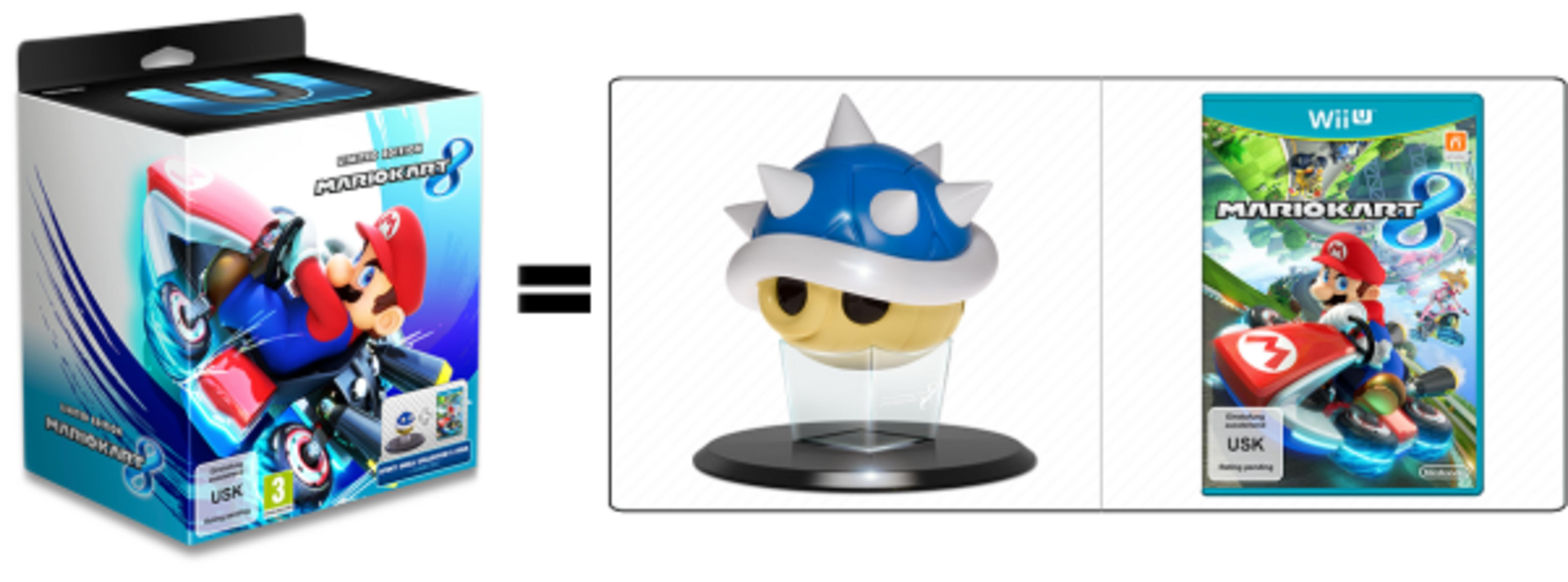 Mario Kart 8 Box, blaue Stachelpanzer-Figur und Spielehülle auf weißem Grund.