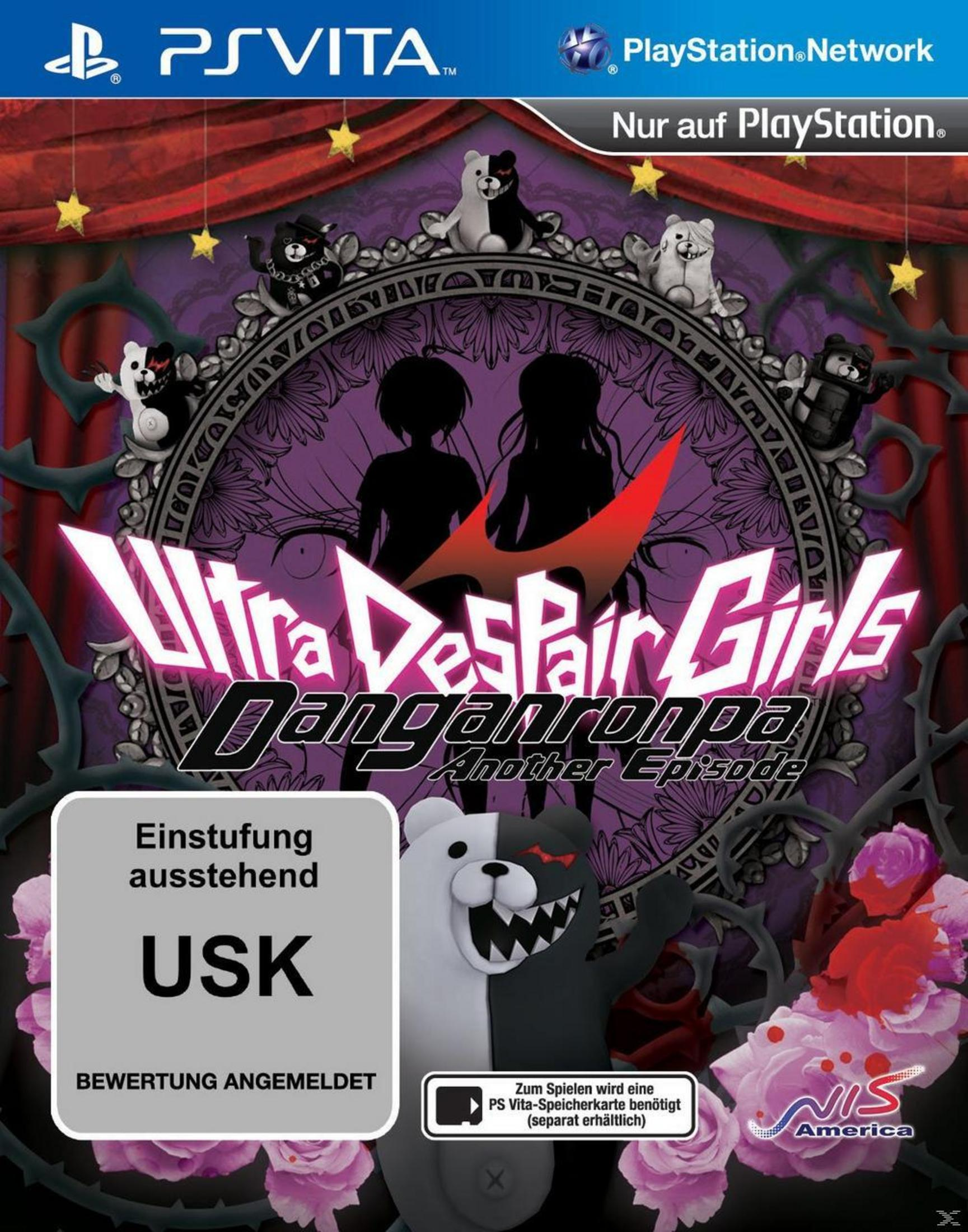 Cover: PS Vita Spiel mit Monokuma und zwei Silhouetten, USK-Hinweis.