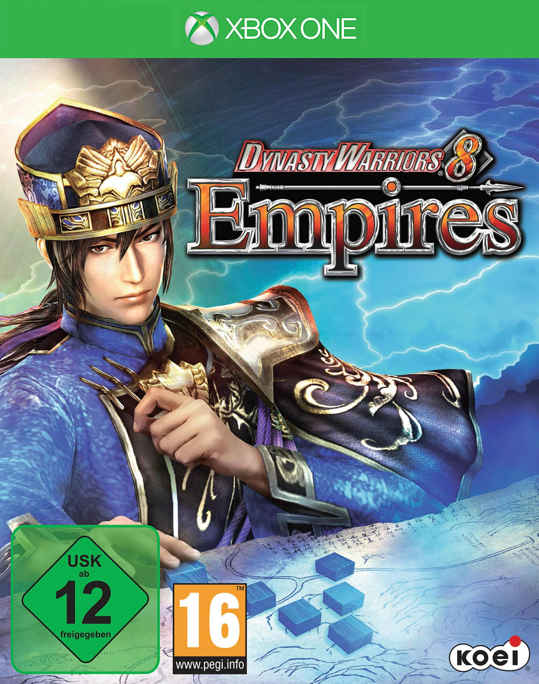 Dynasty Warriors 8 Empires Cover: Mann in blauer Rüstung, Xbox One Logo, USK 12, PEGI 16.