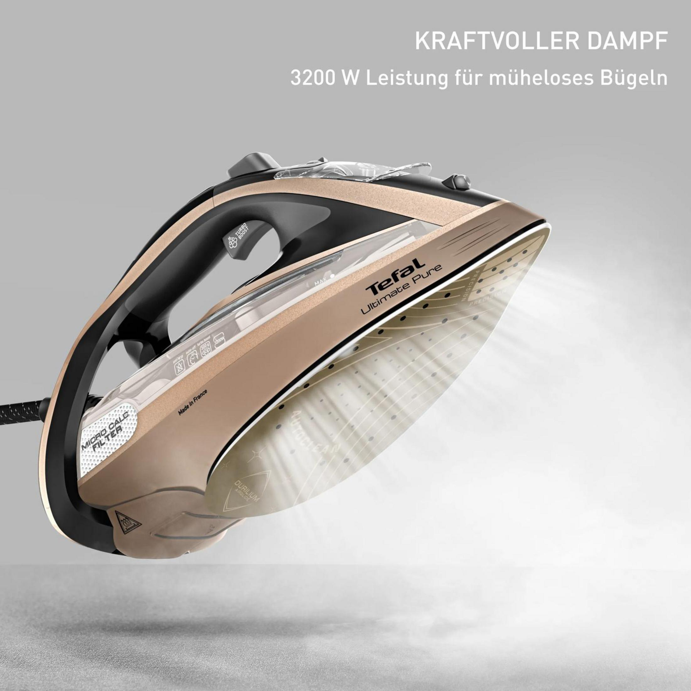 Goldene Tefal Dampfbügeleisen mit Dampf aus der Bügelsohle, 3200W Leistung.