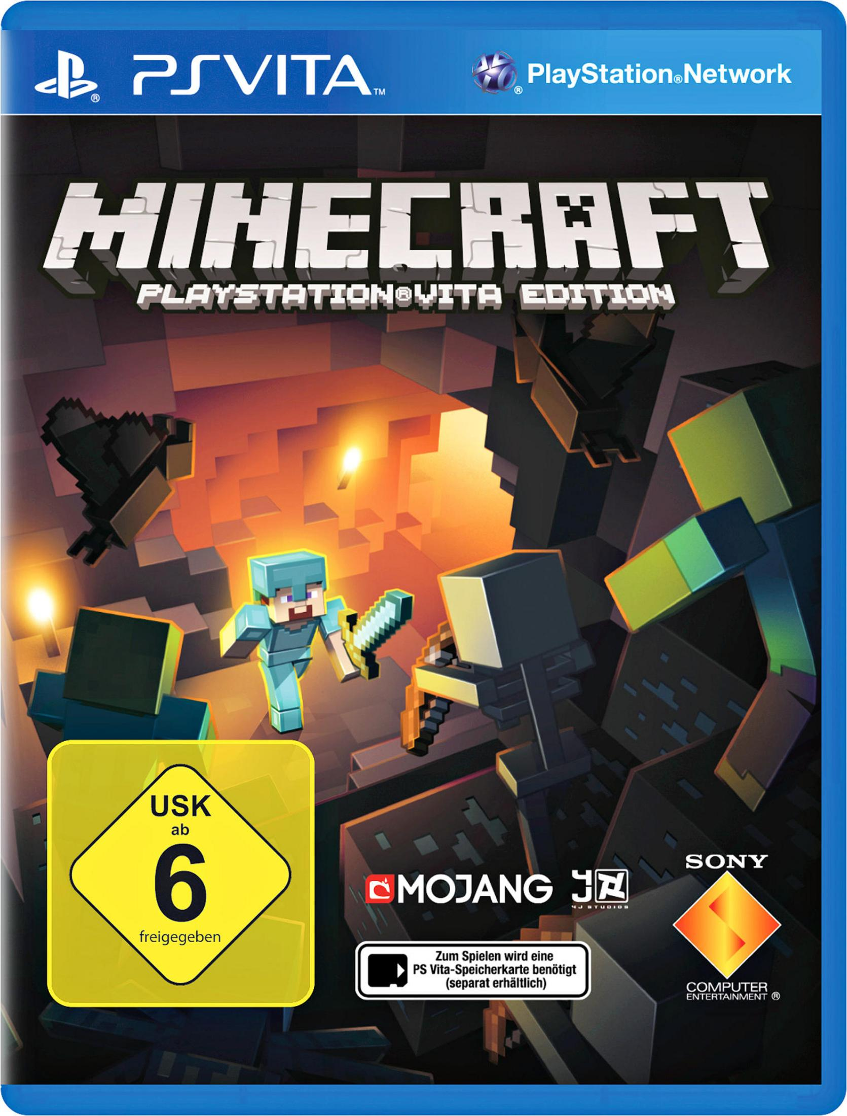 Minecraft auf PS Vita mit Charakteren und Monstern in einer Höhle.