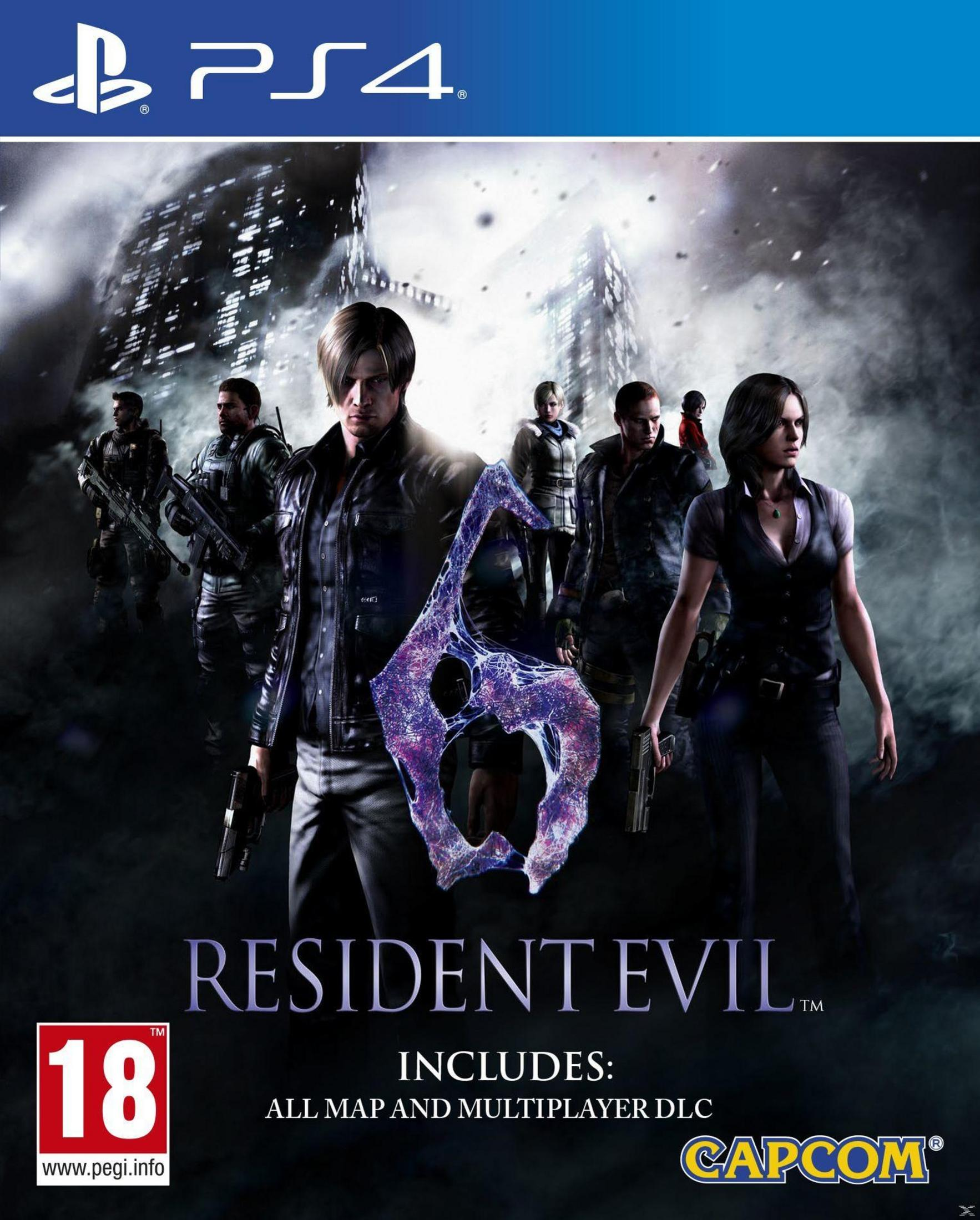 Copertina di Resident Evil 6 con personaggi, logo PS4 e classificazione PEGI 18.