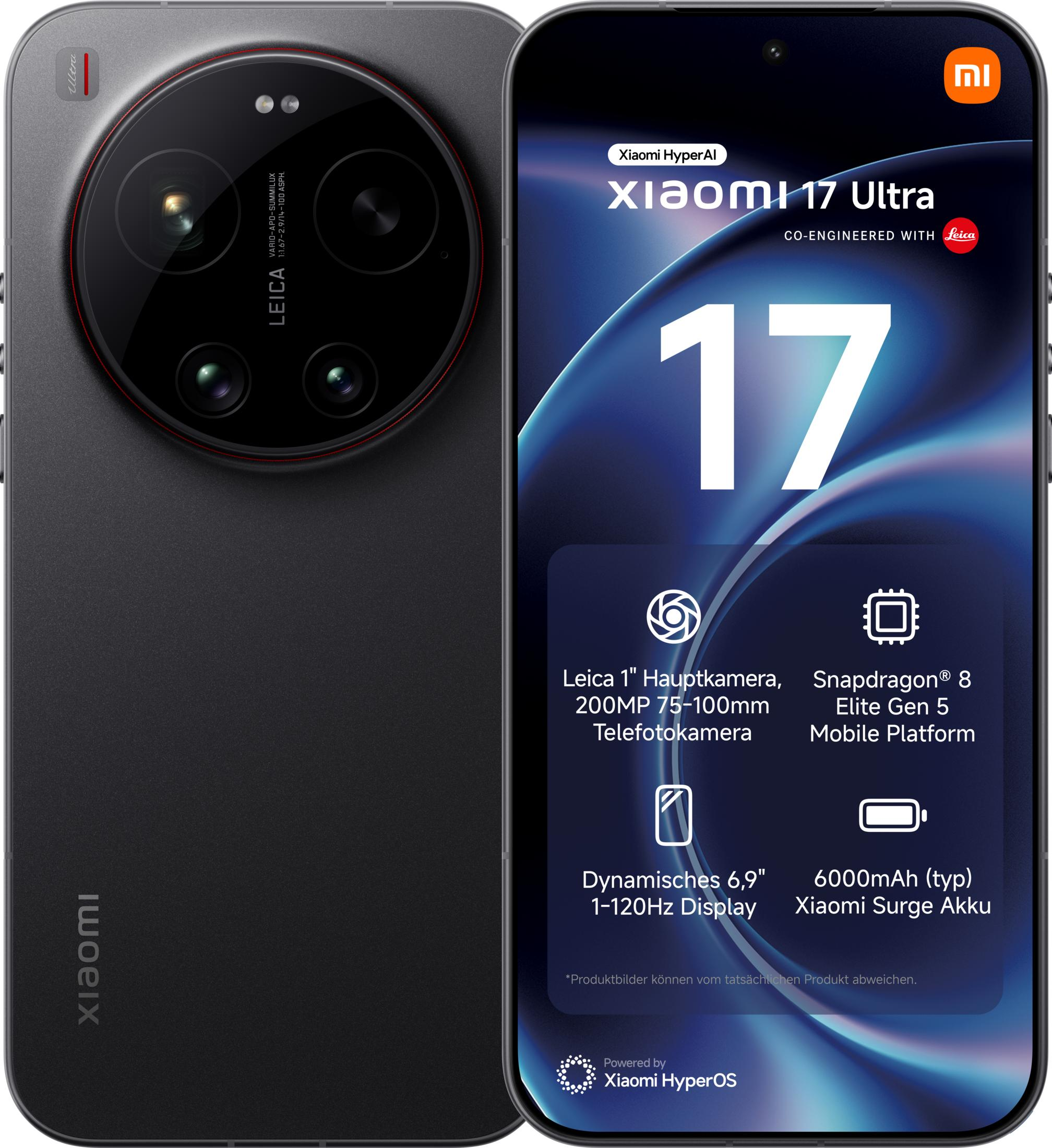 Zwei Xiaomi 17 Ultra Smartphones, eines in Schwarz mit drei Kameras, das andere mit Display-Infos.