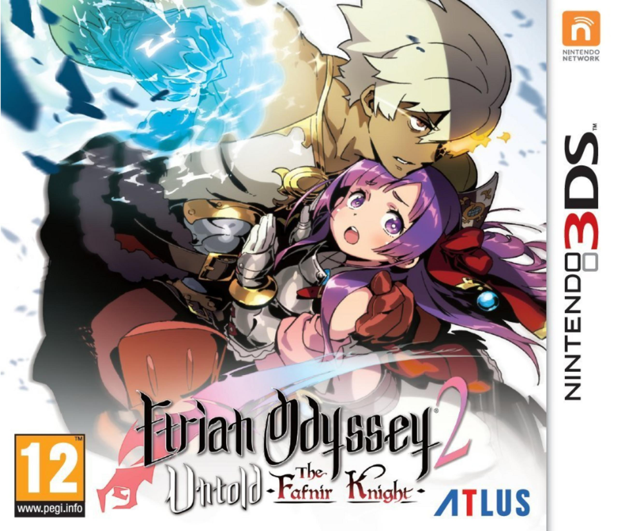 Evrian Odyssey 2: The Untold Fafnir Knight. Mann mit blauer Energie, Mädchen mit lila Haaren.