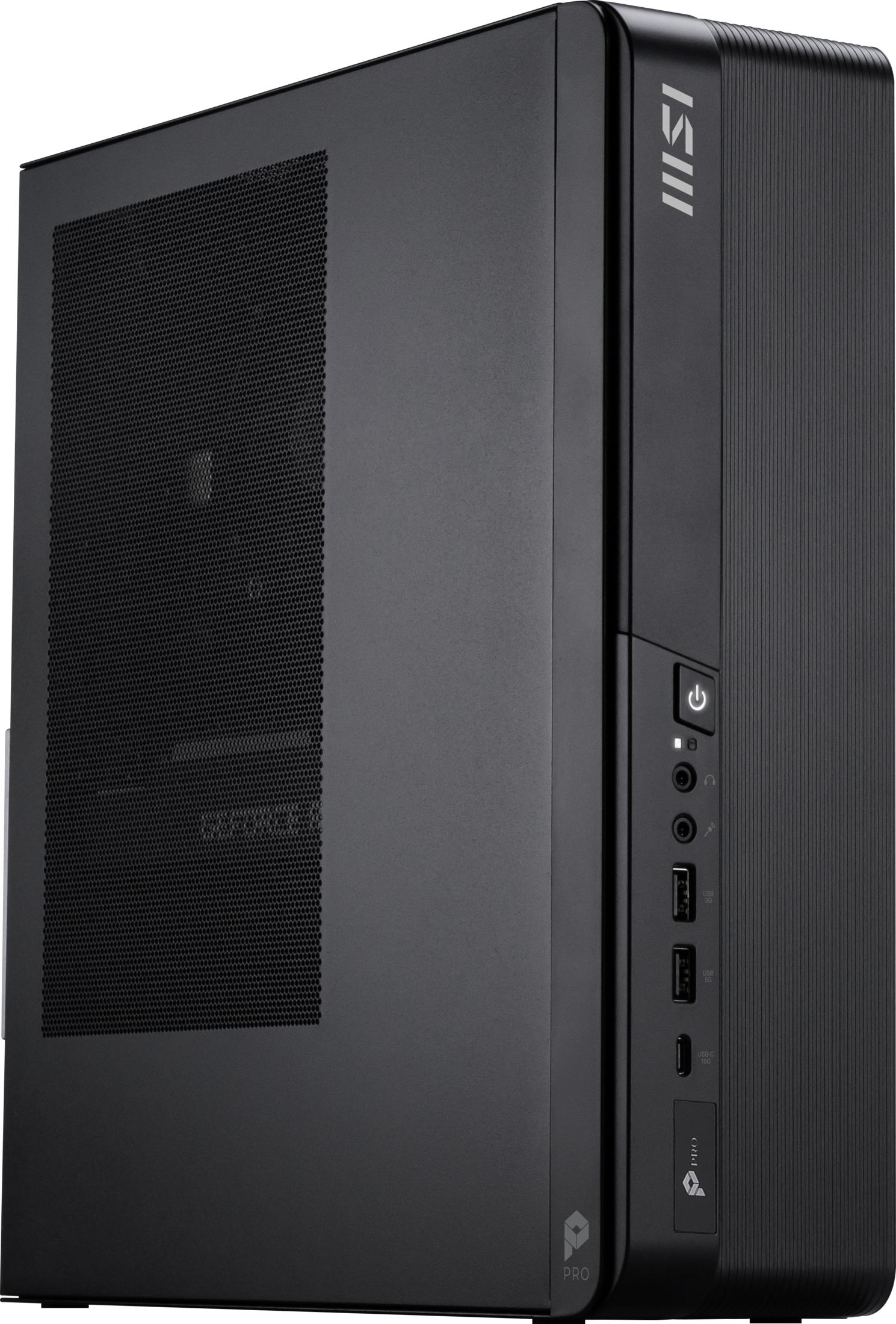 Schwarzes MSI PRO PC-Gehäuse mit Netzschalter, USB-Anschlüssen und Lüftungsgitter.
