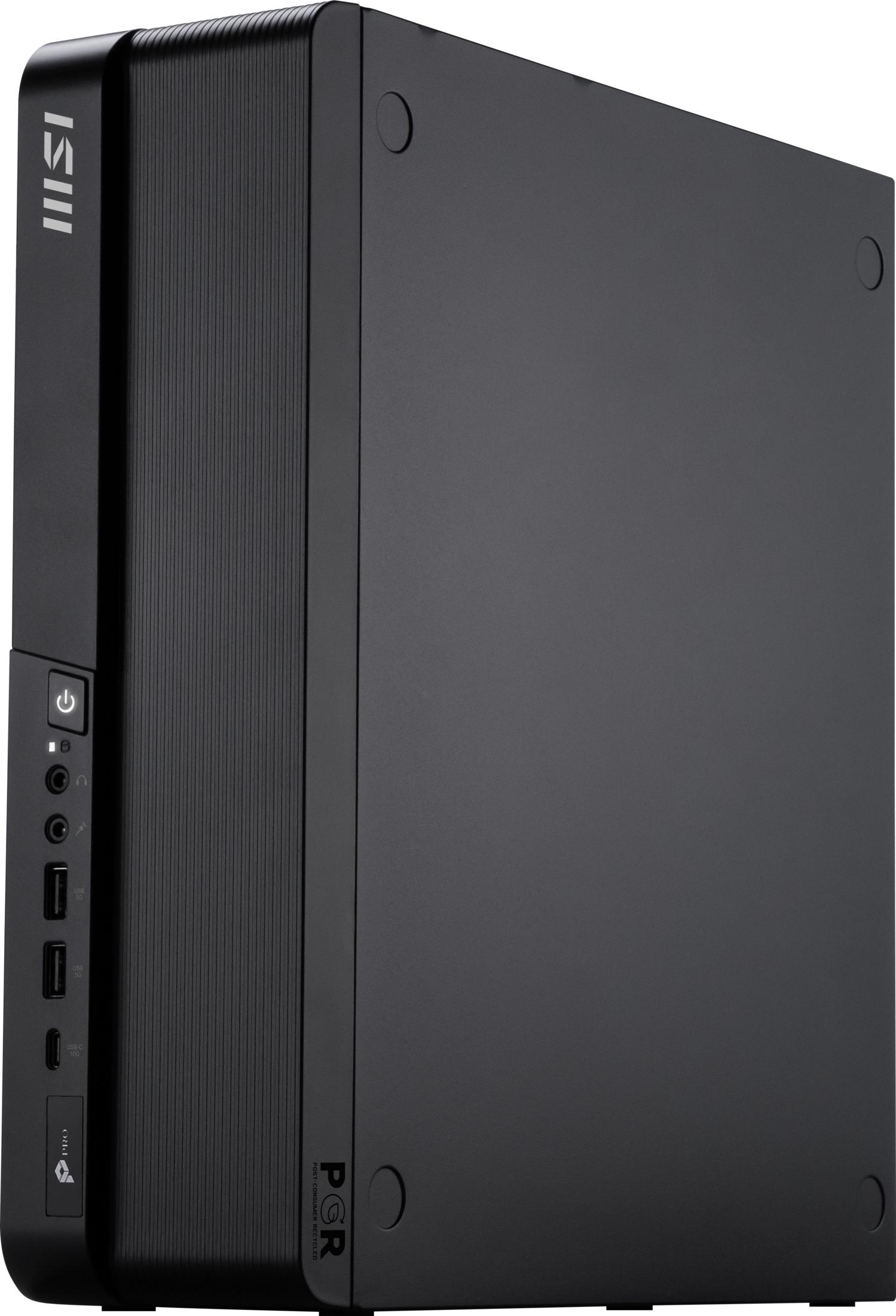 Schwarzer MSI-Computerturm mit vorderen USB-Anschlüssen, Netzschalter und Logo.
