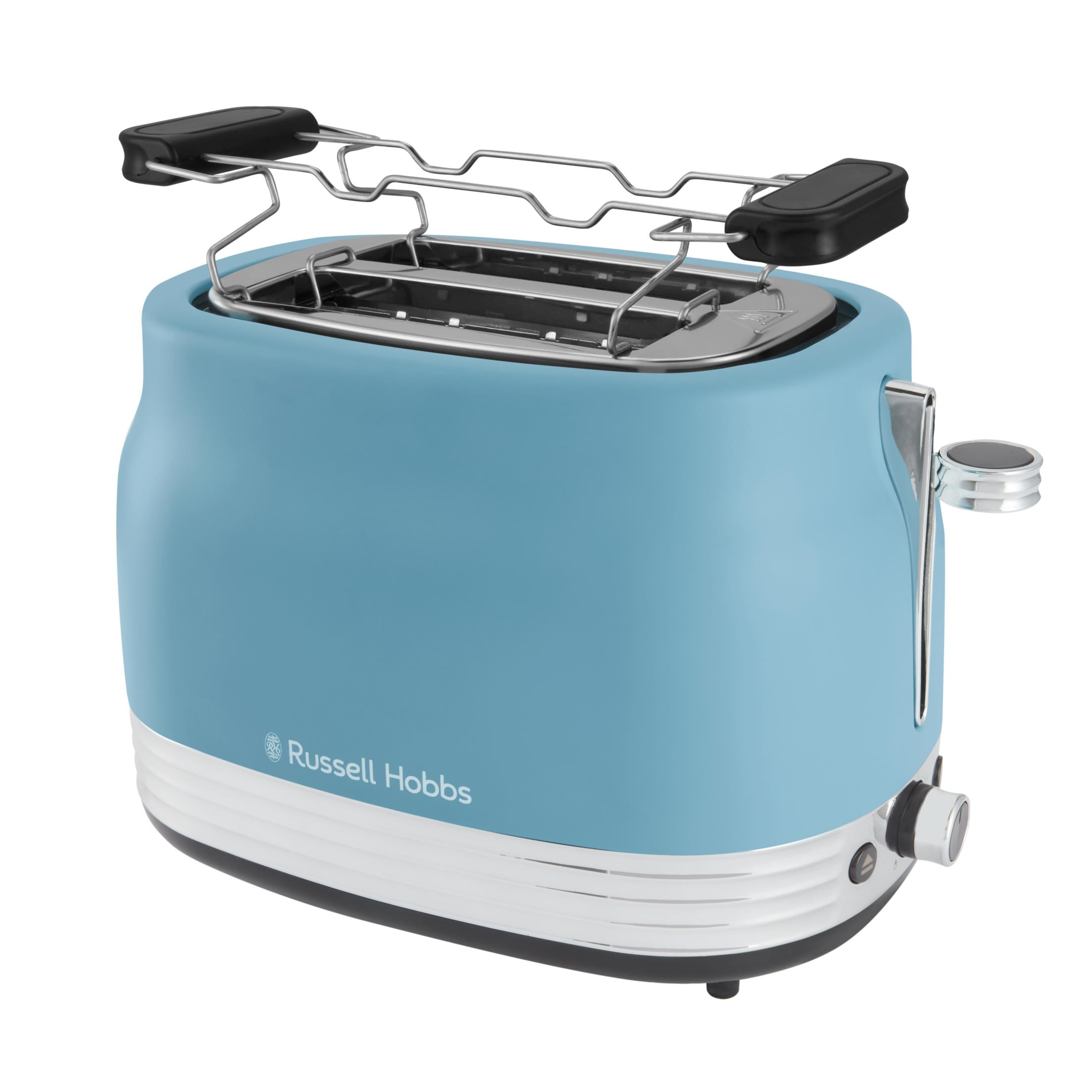 Ein hellblauer Toaster mit Chromdetails und einem Brötchenrost.