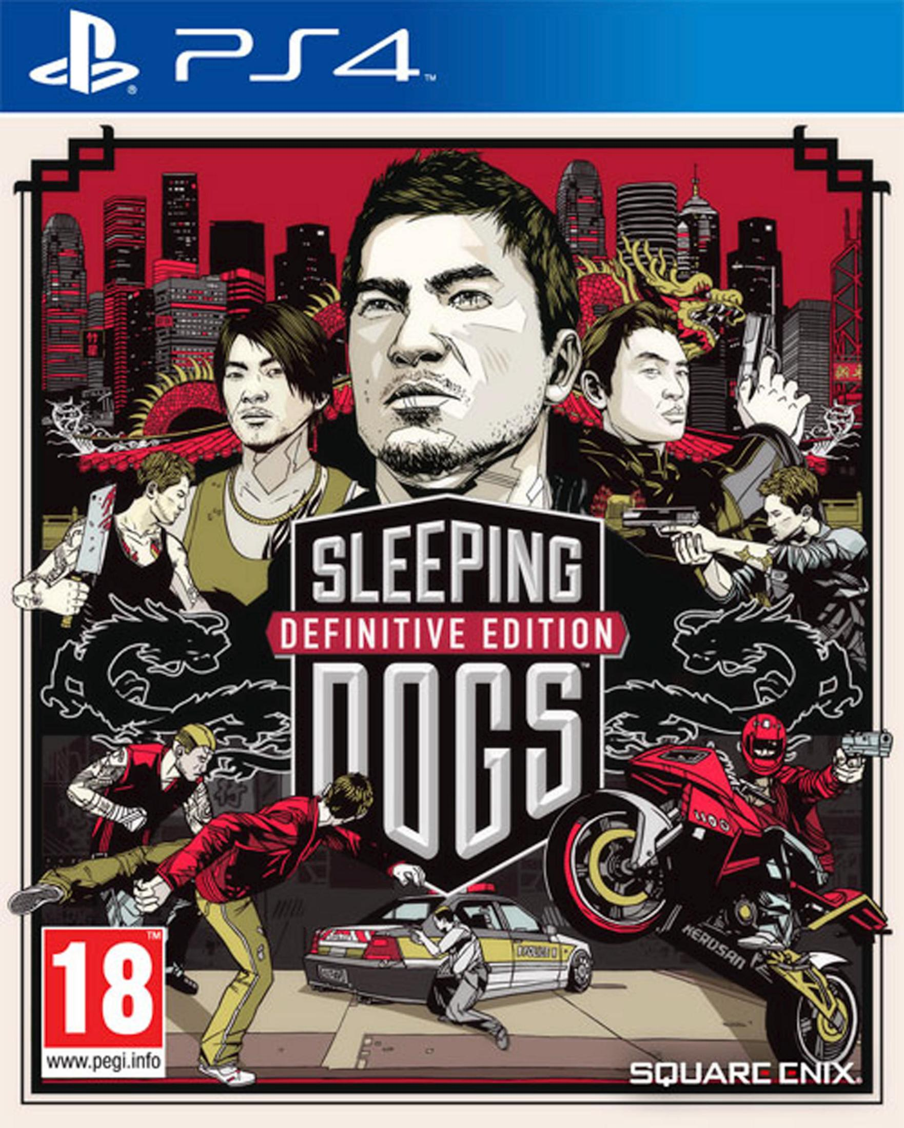 Couverture de jeu PS4 : hommes, moto, voiture, dragon, paysage urbain. Scène d'action.