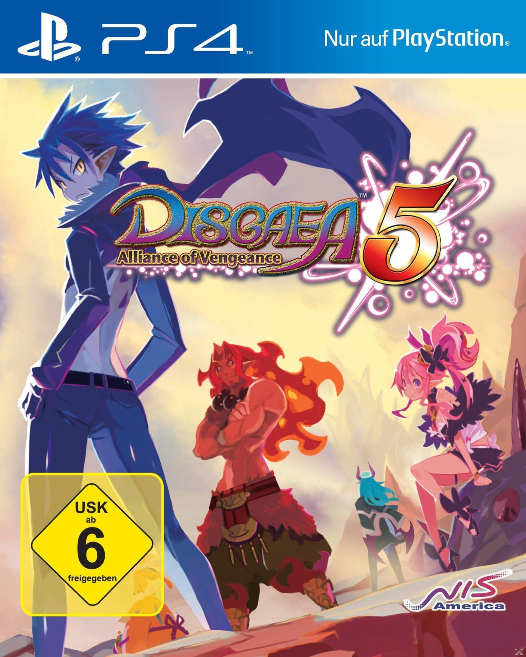 Copertina gioco PS4 con personaggi e logo "Disgaea 5".