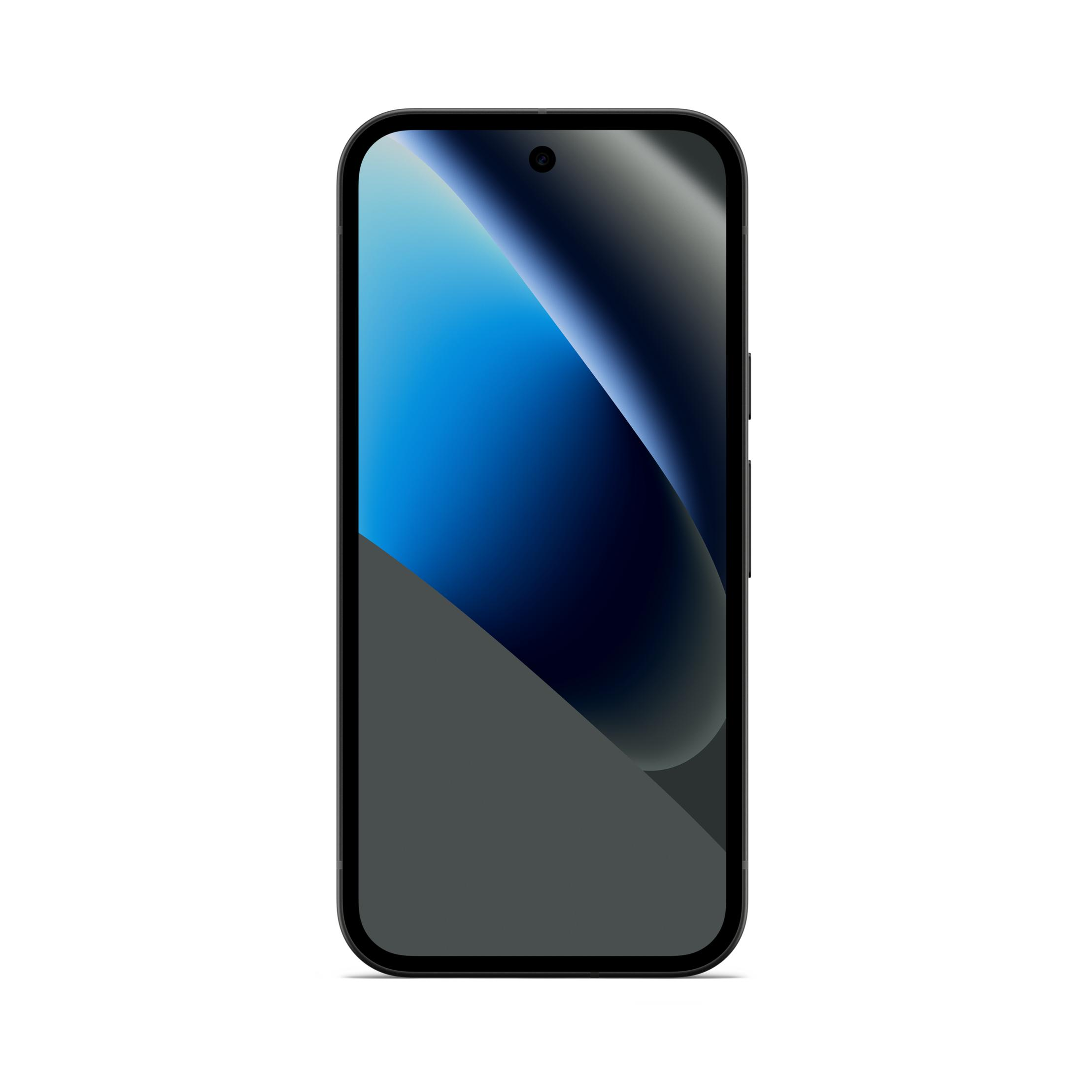 Czarny smartfon z niebiesko-szarą tapetą na białym tle.