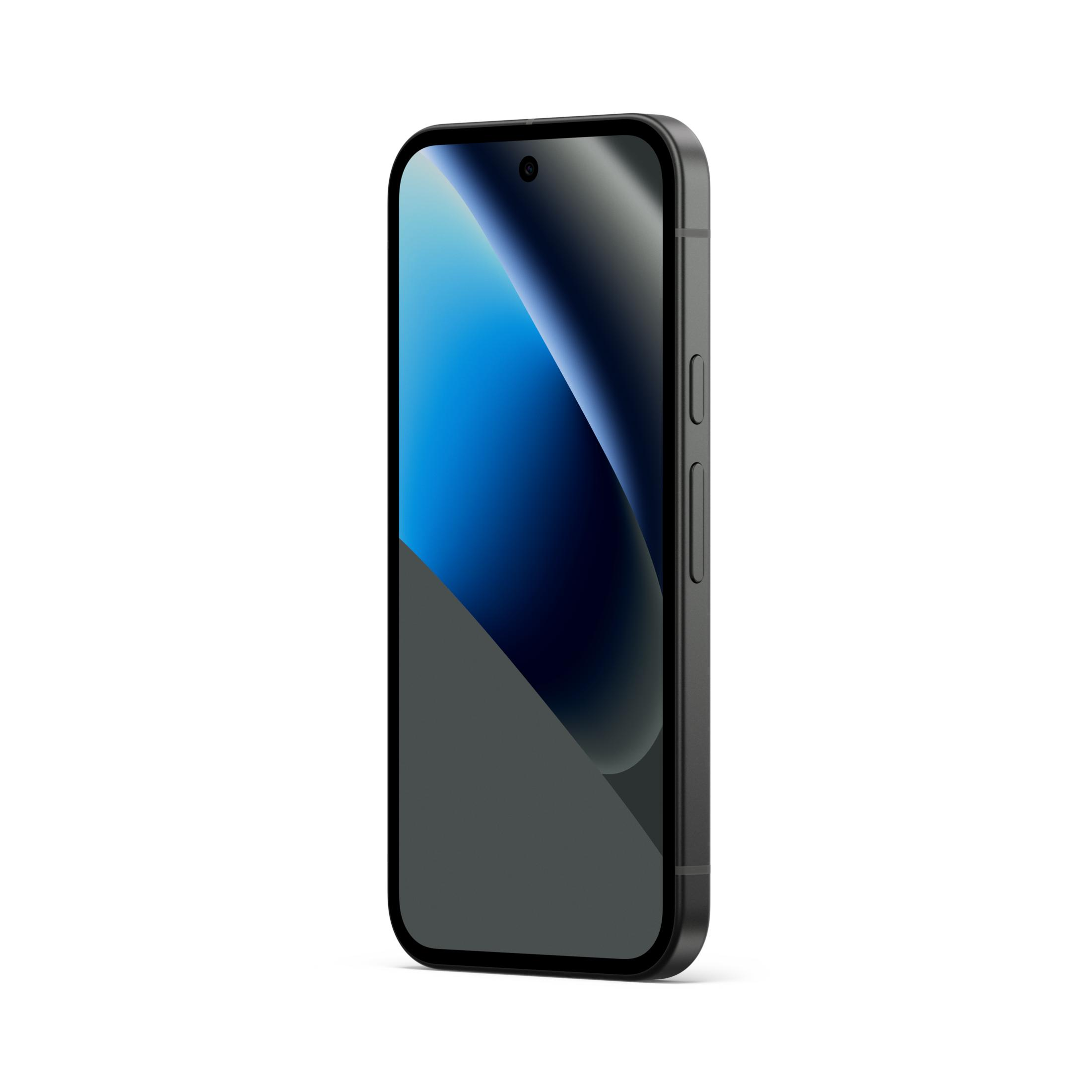 Ciemny smartfon z niebieską tapetą, pokazany z prawej strony.
