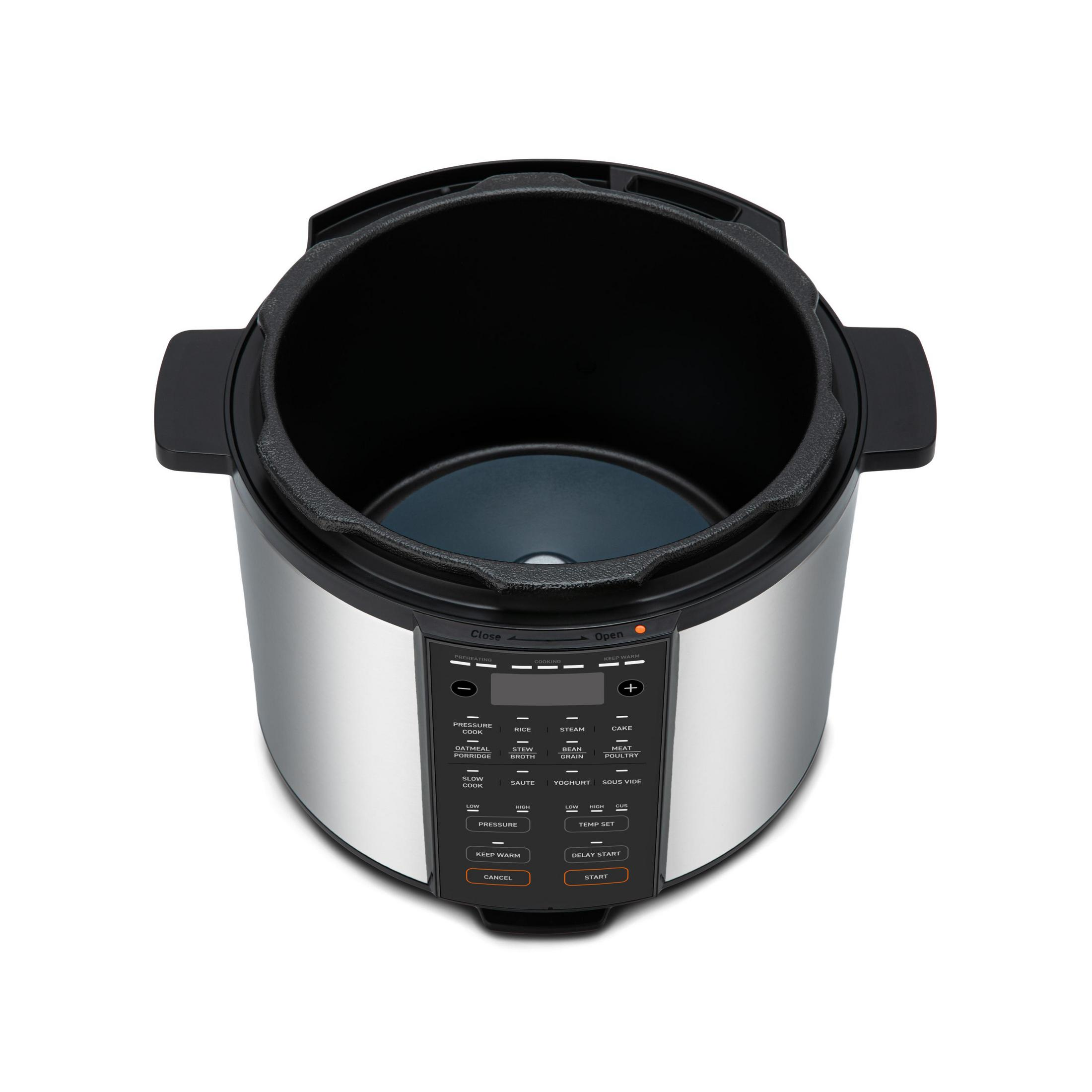 Una olla de presión eléctrica plateada y negra con pantalla digital y botones.