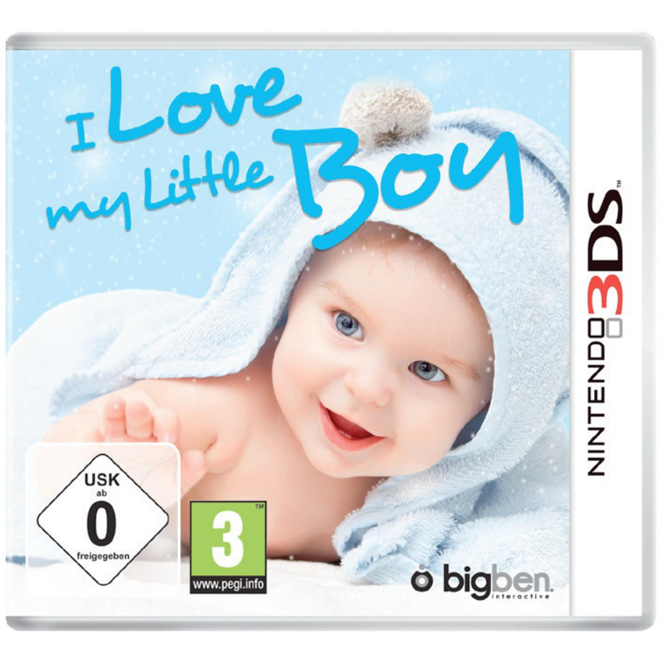 Ein Baby in einem blauen Handtuch mit der Aufschrift "I Love my Little Boy".