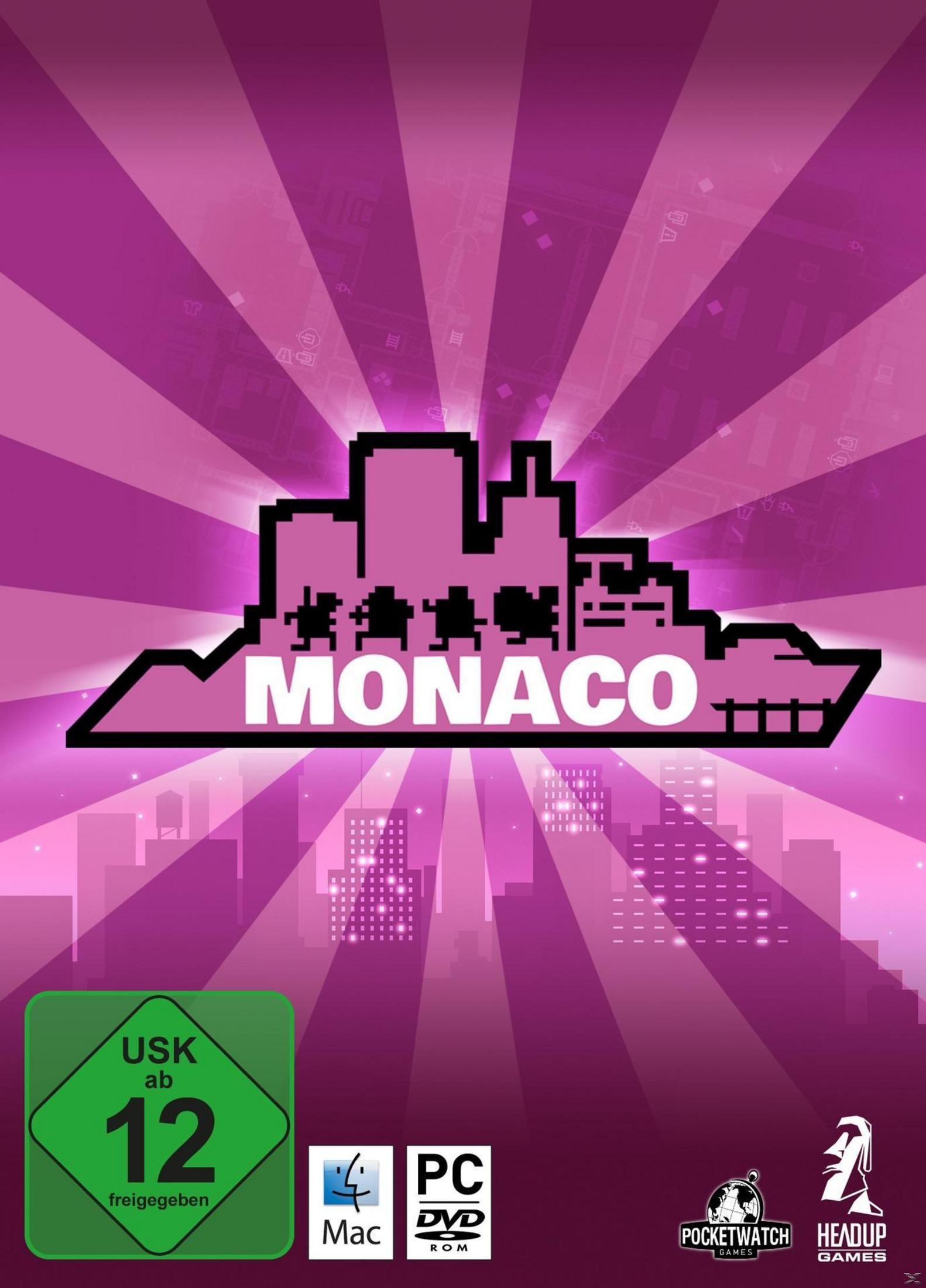 Pinke Skyline mit Pixel-Figuren und dem Schriftzug MONACO. USK ab 12.