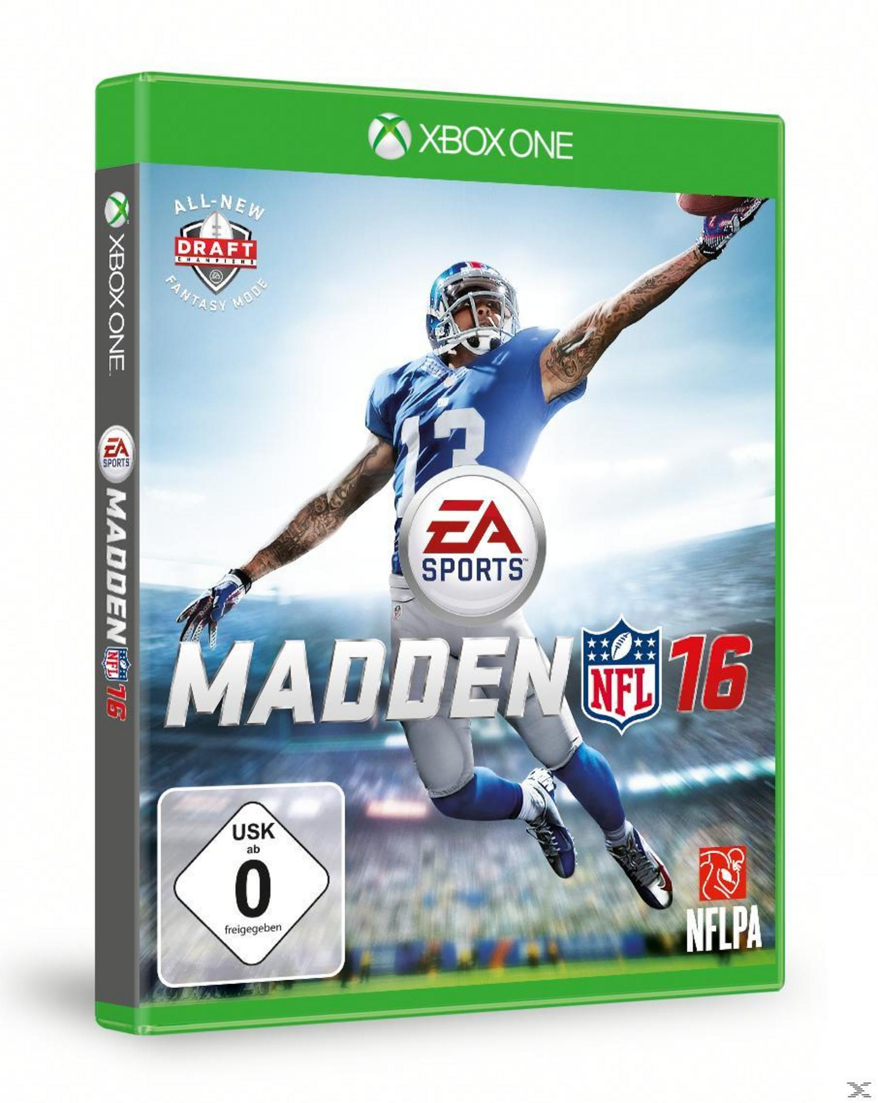 Madden 16 Xbox One Spielbox mit NFL-Spieler im Sprung.