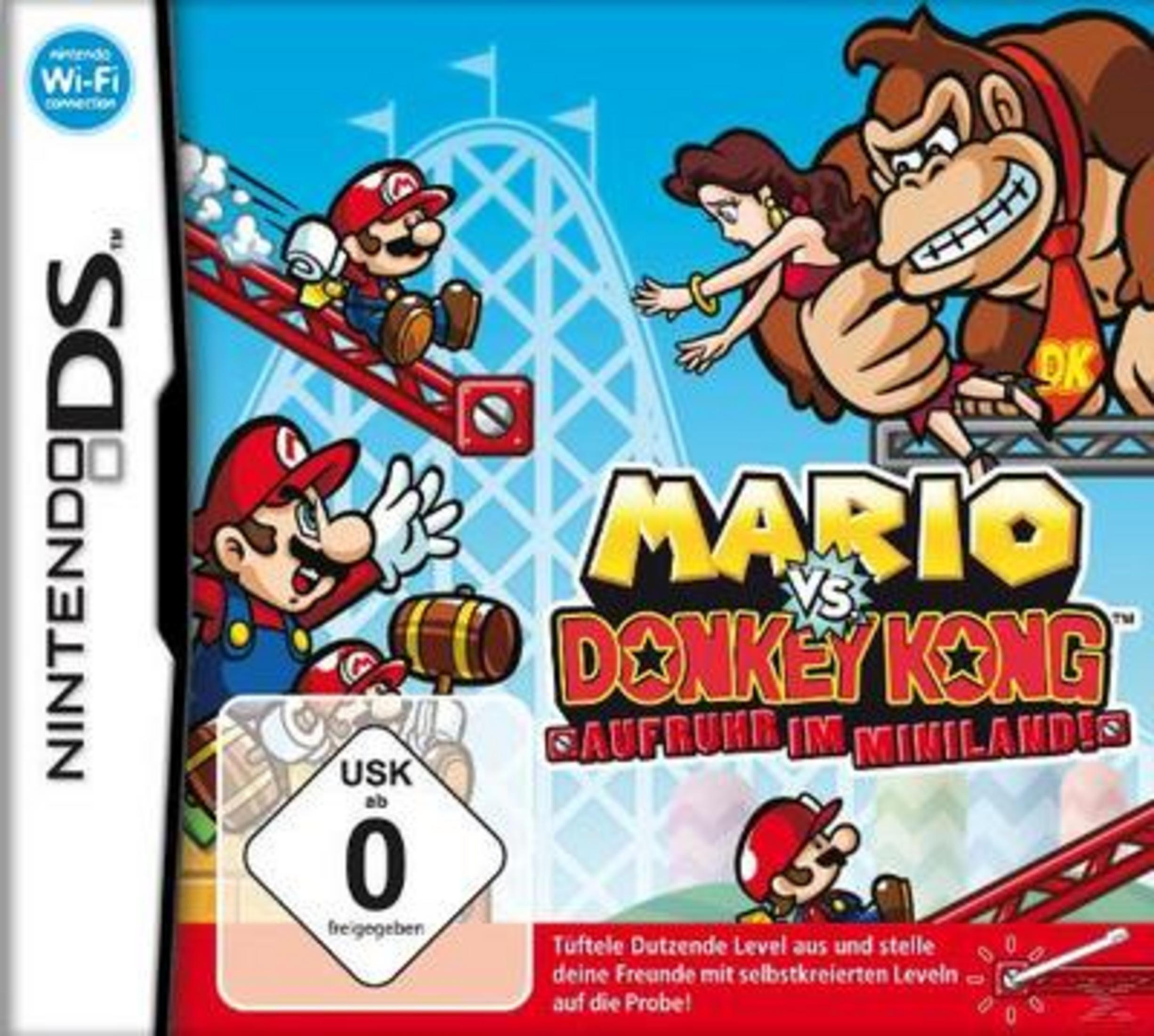 Mario vs Donkey Kong: Aufruhr im Miniland Spielcover mit Mario, Donkey Kong & Pauline auf Achterbahn.