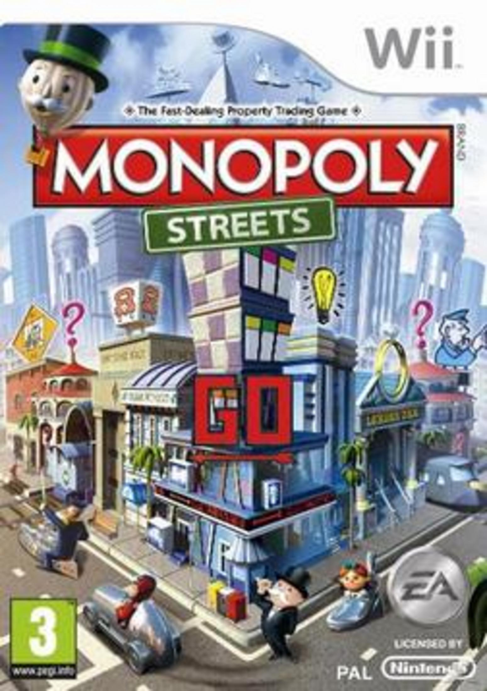 Monopoly Streets Wii-Cover mit Mr. Monopoly, Autos und Stadtsilhouette.