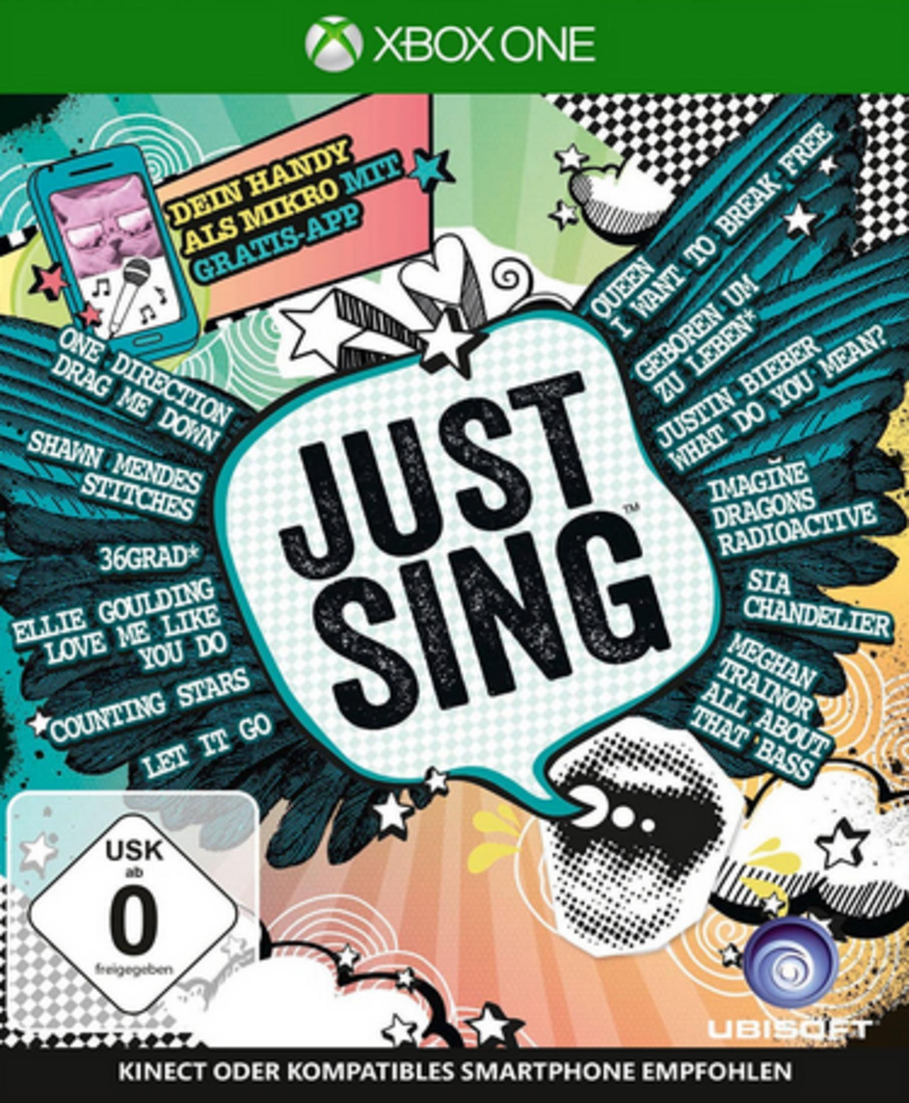 Cover von Just Sing für Xbox One mit Songtiteln und Xbox-Logo.